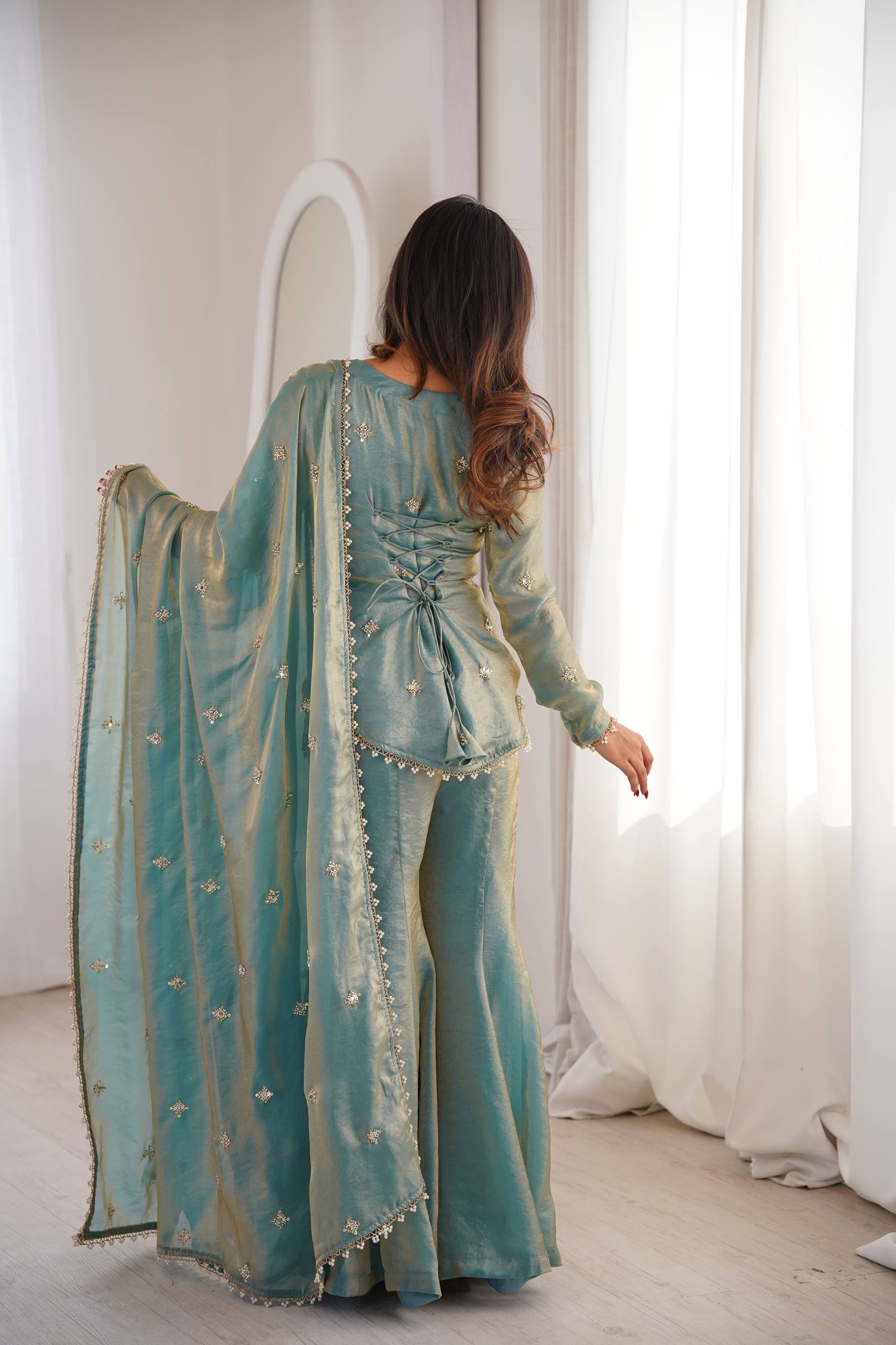 Elegant Sky Blue Silk Blend Sharara Suit Set for Women with Embroidered Dupatta