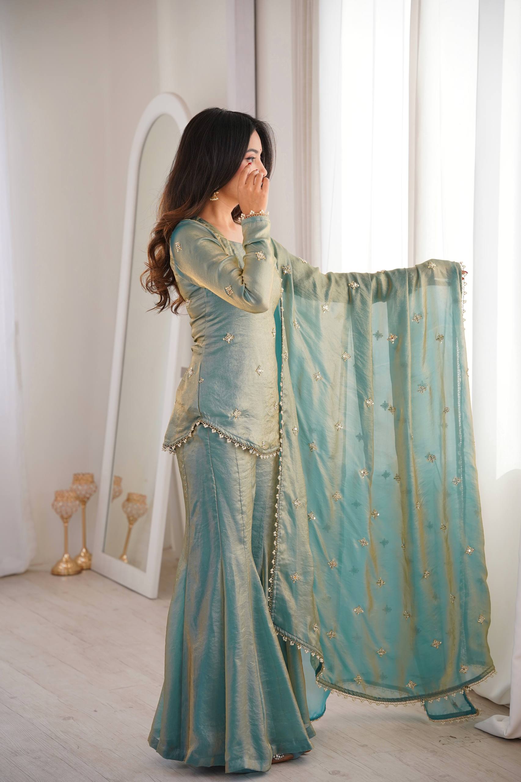 Elegant Sky Blue Silk Blend Sharara Suit Set for Women with Embroidered Dupatta