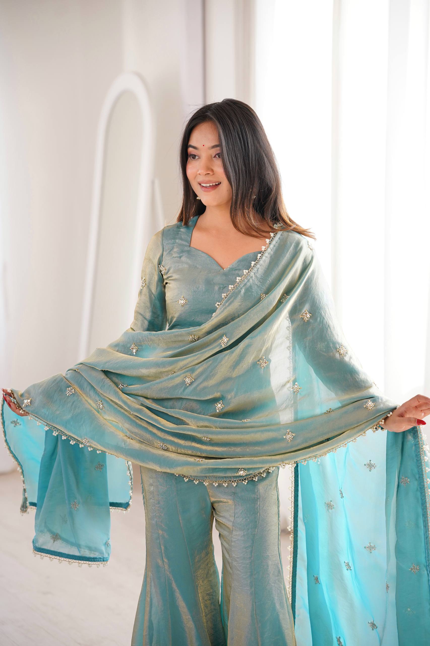 Elegant Sky Blue Silk Blend Sharara Suit Set for Women with Embroidered Dupatta