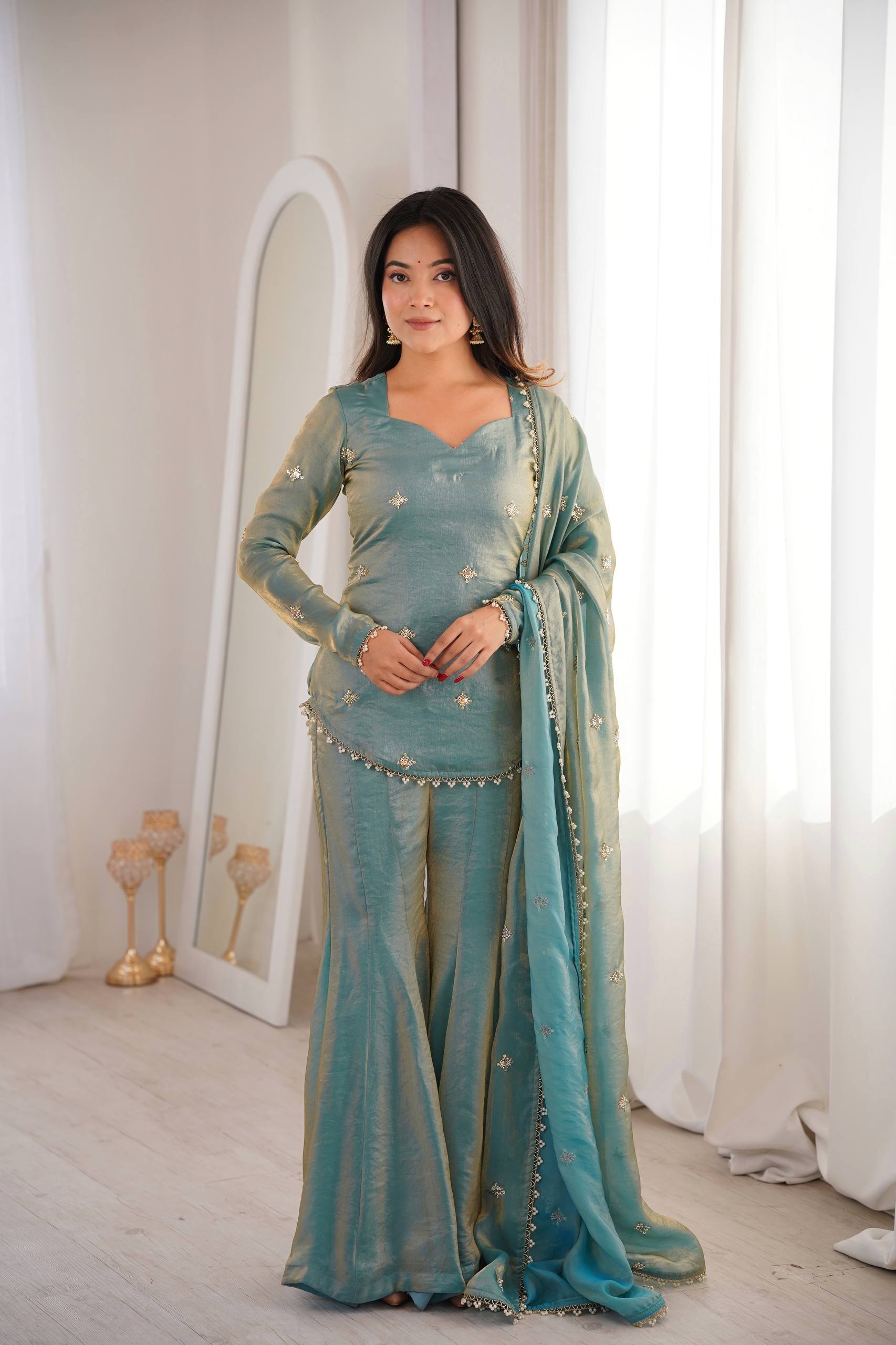 Elegant Sky Blue Silk Blend Sharara Suit Set for Women with Embroidered Dupatta
