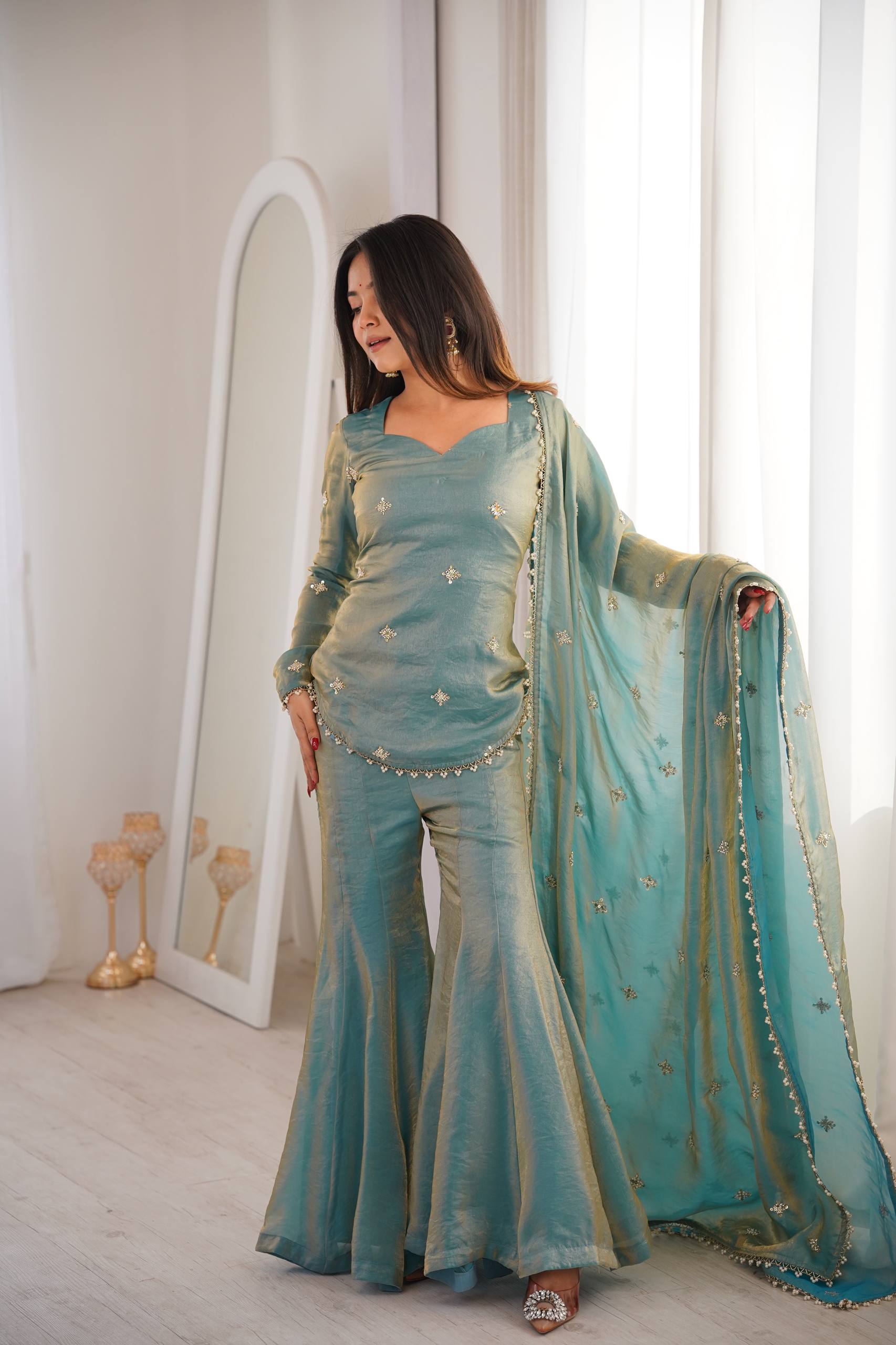 Elegant Sky Blue Silk Blend Sharara Suit Set for Women with Embroidered Dupatta