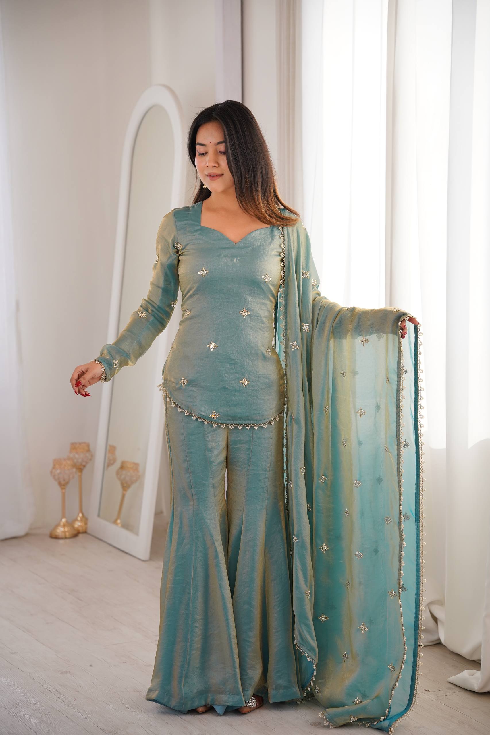 Elegant Sky Blue Silk Blend Sharara Suit Set for Women with Embroidered Dupatta