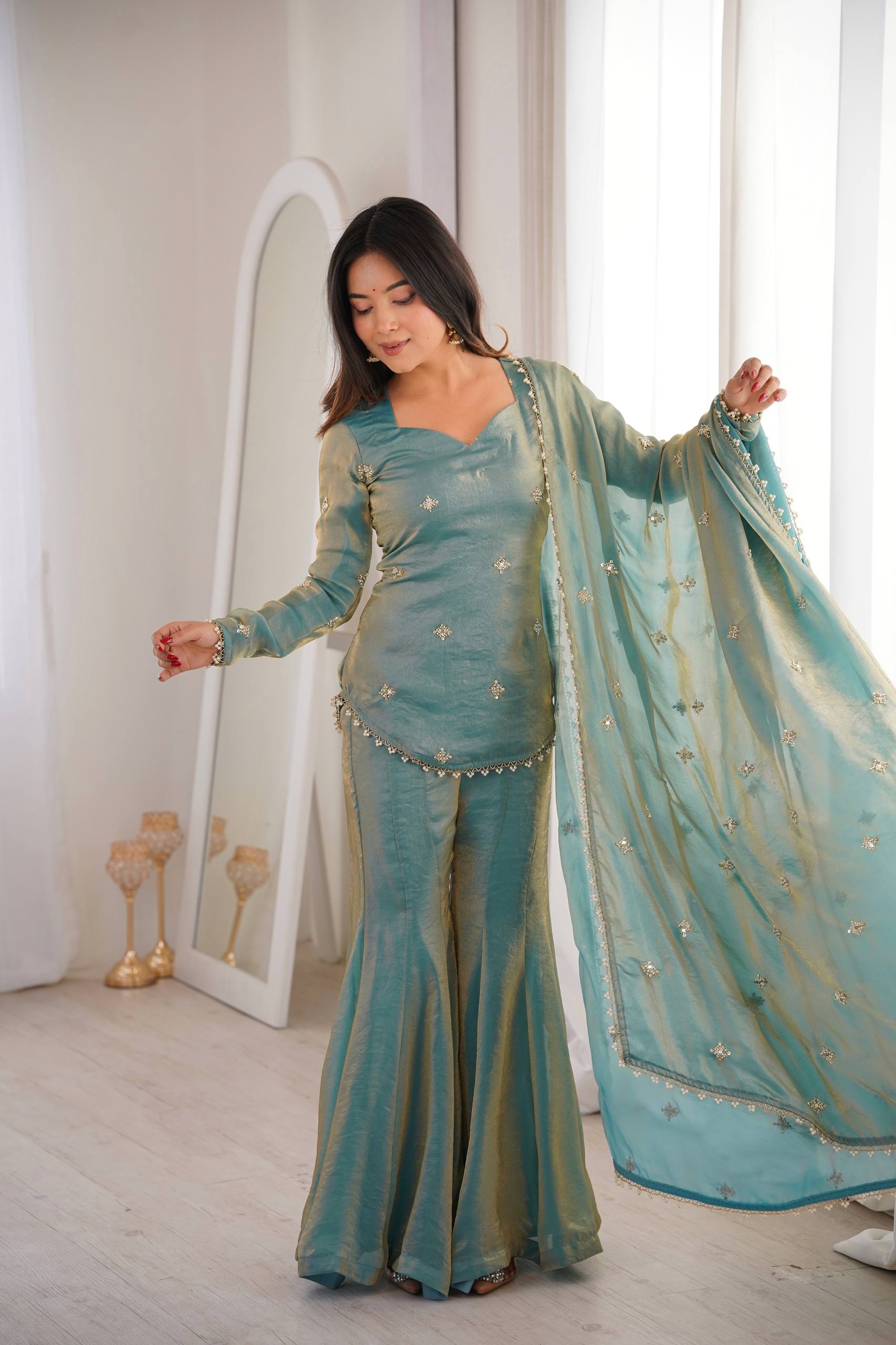 Elegant Sky Blue Silk Blend Sharara Suit Set for Women with Embroidered Dupatta
