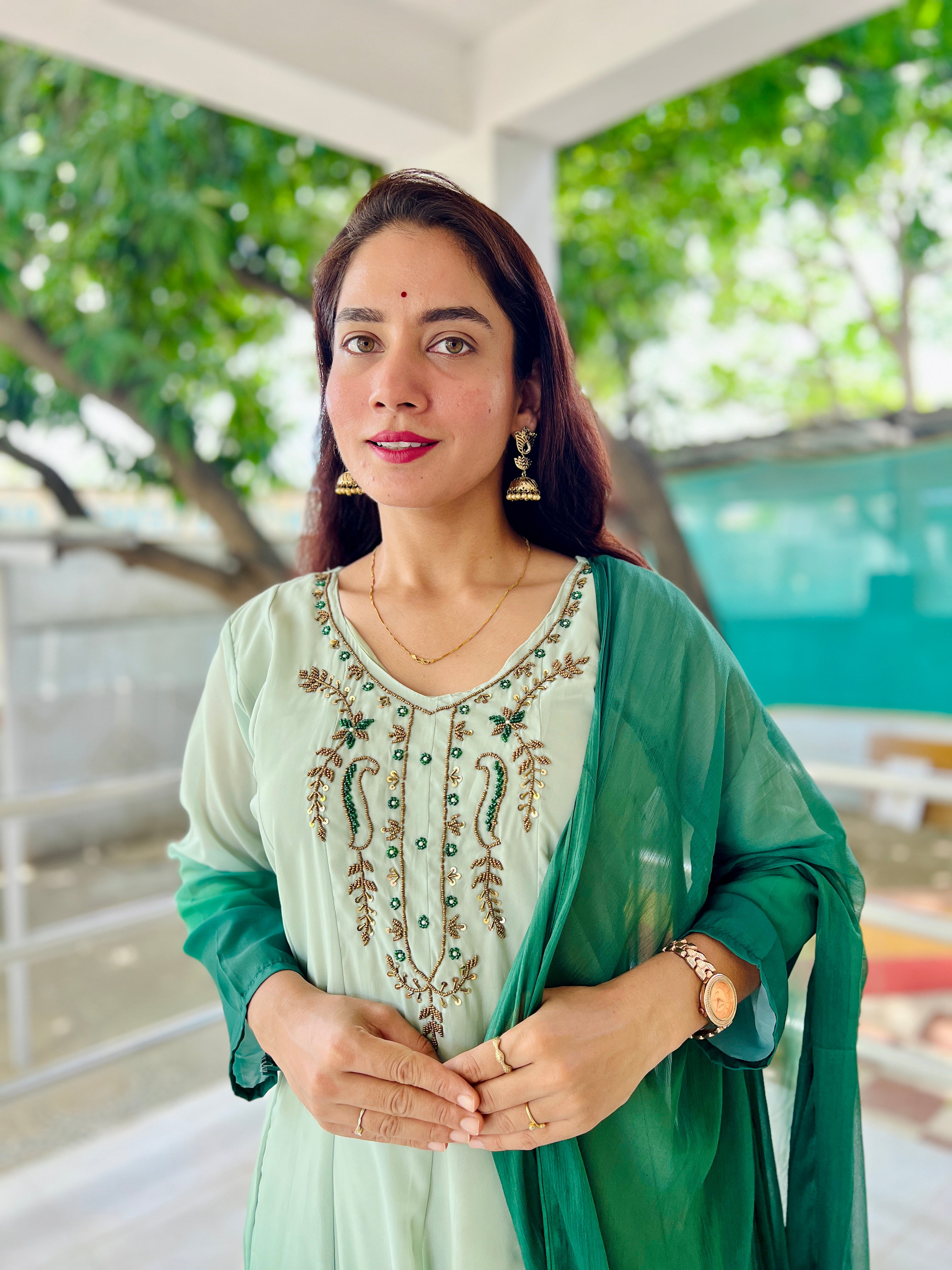 Elegant Pista to Green Embroidered Kurta Set with Dupatta