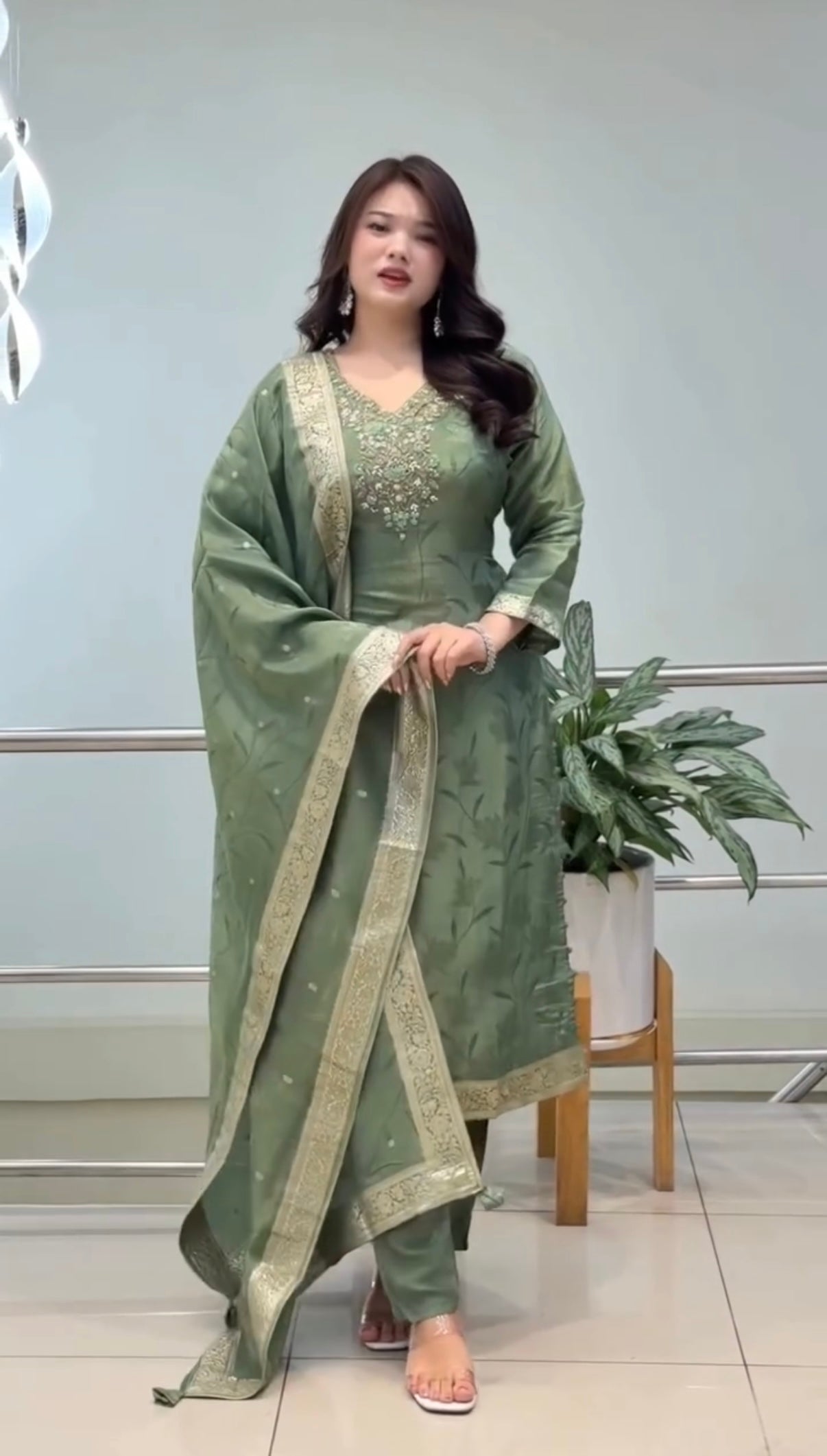Royal Sage Green Embroidered Ethnic Suit Set with Elegant Dupatta