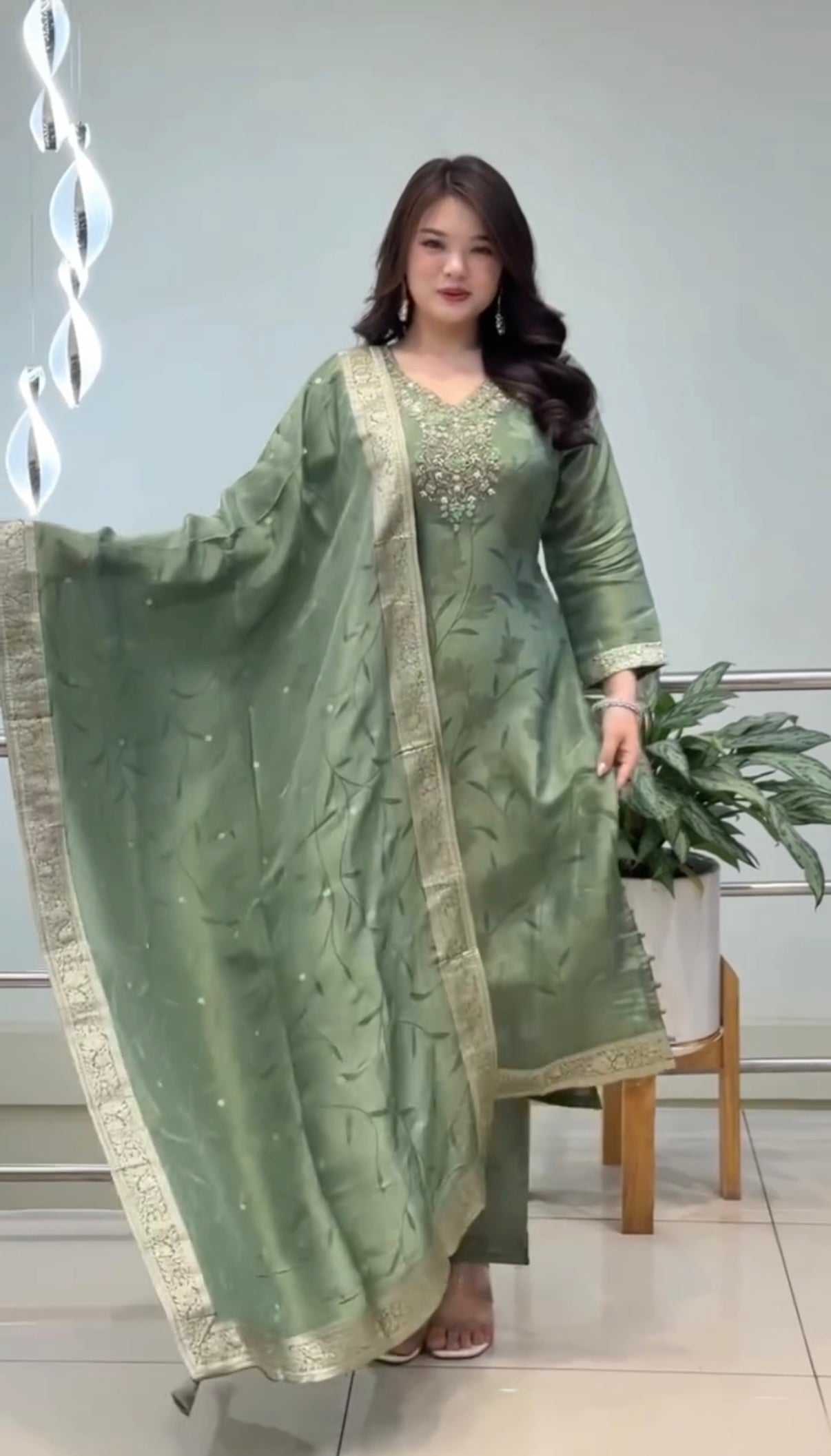 Royal Sage Green Embroidered Ethnic Suit Set with Elegant Dupatta