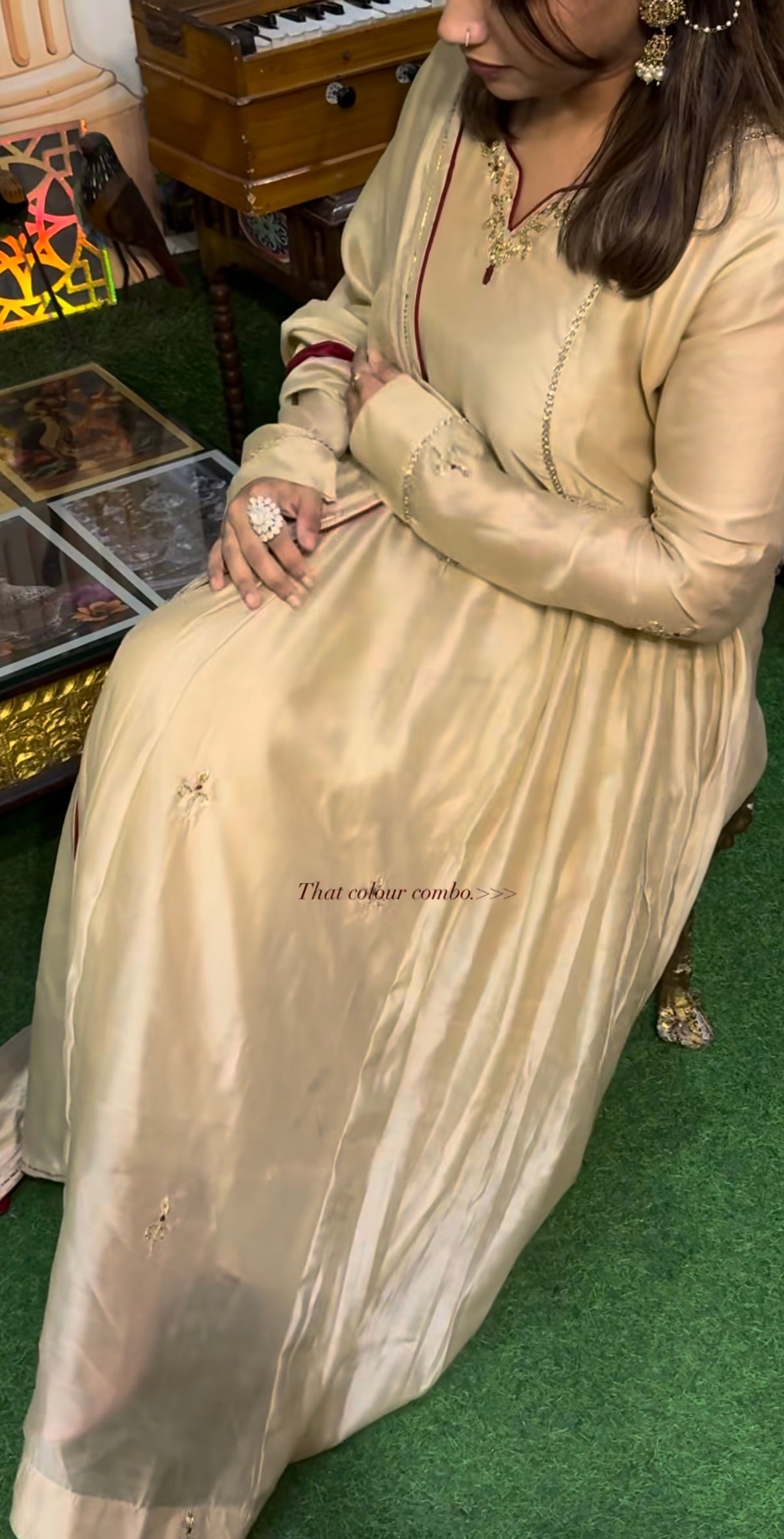 Elegant Beige Silk Anarkali Suit Set with Maroon Piping & Embroidered Neckline