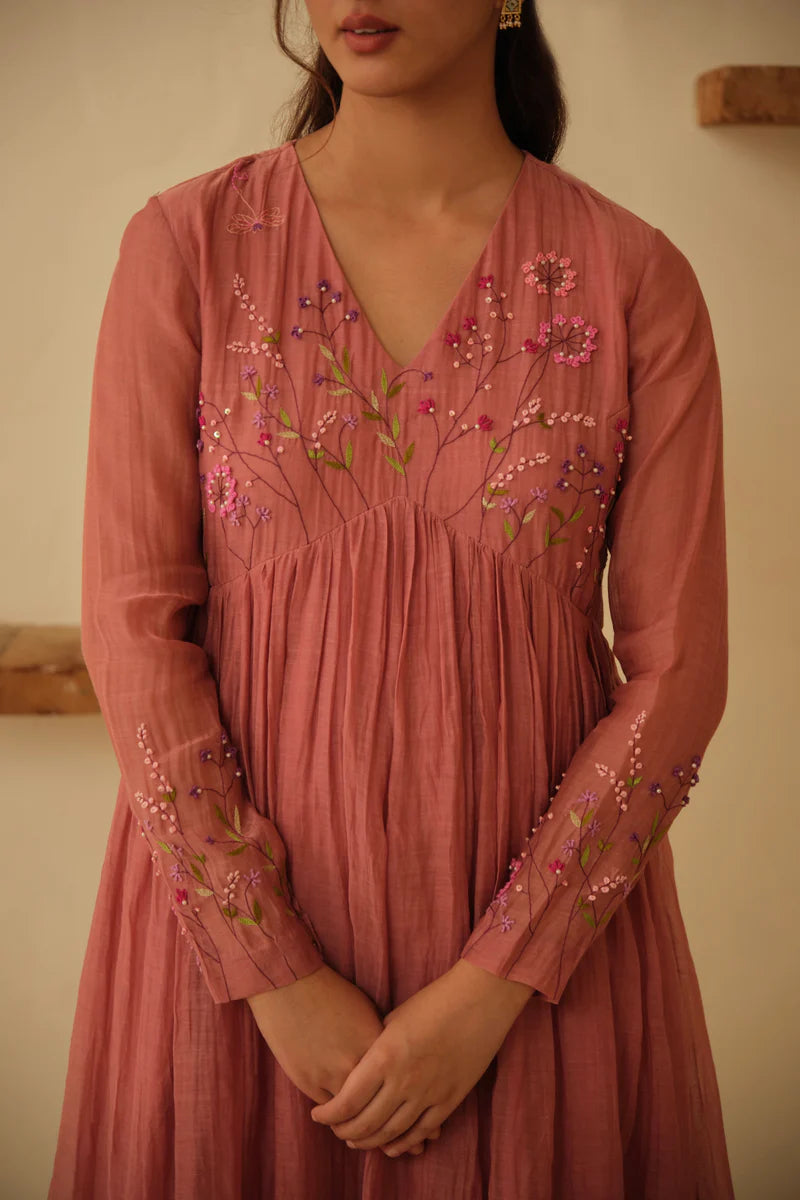 Elegant Dusty Rose Embroidered Anarkali Kurta Set with Dupatta for Women