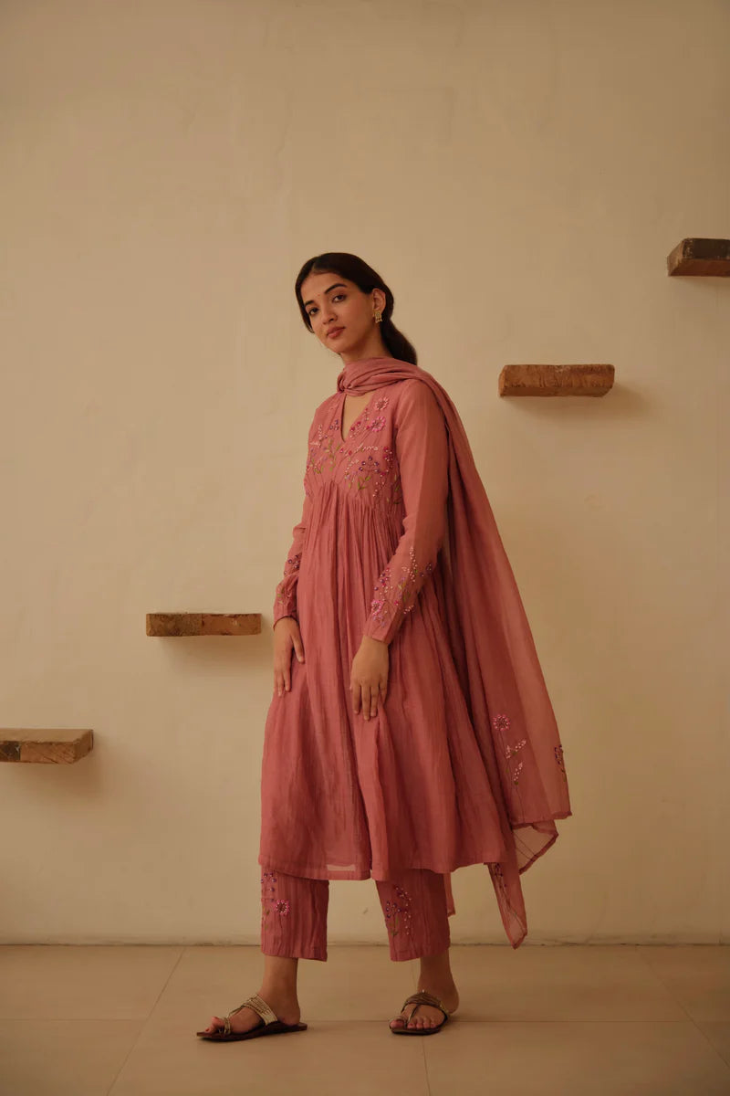 Elegant Dusty Rose Embroidered Anarkali Kurta Set with Dupatta for Women