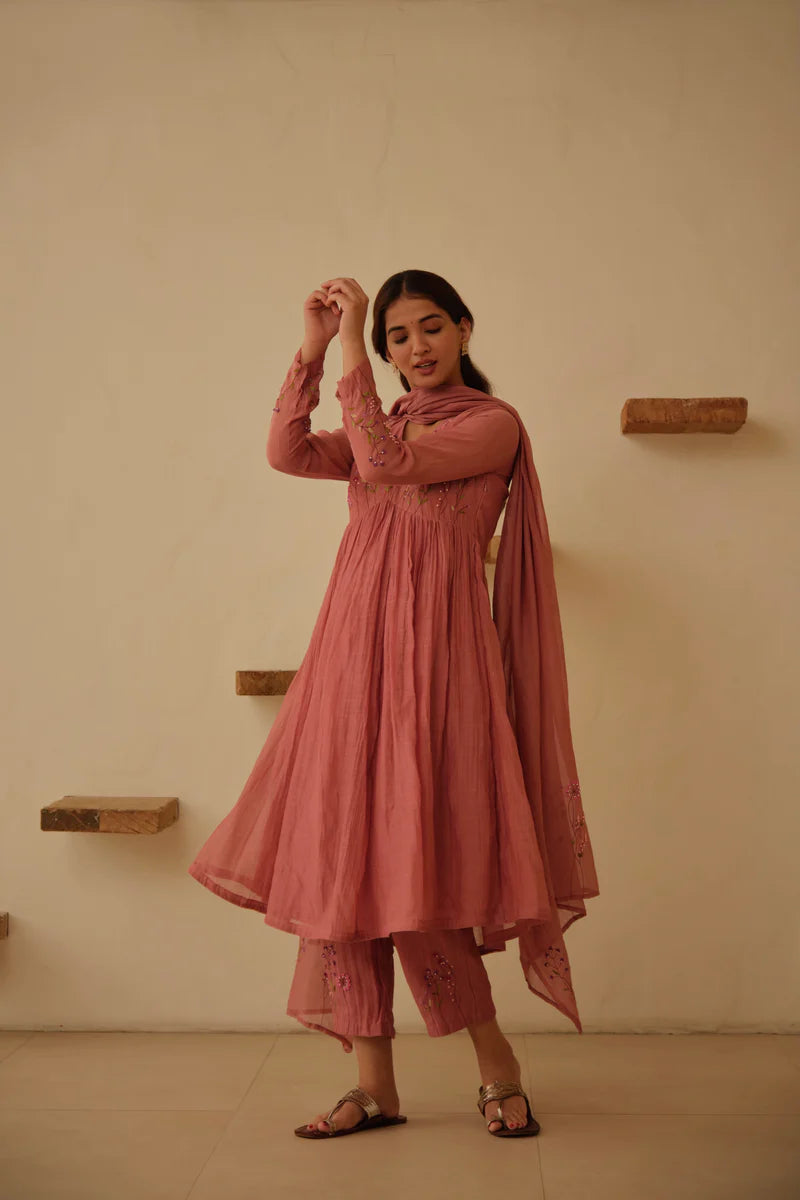 Elegant Dusty Rose Embroidered Anarkali Kurta Set with Dupatta for Women