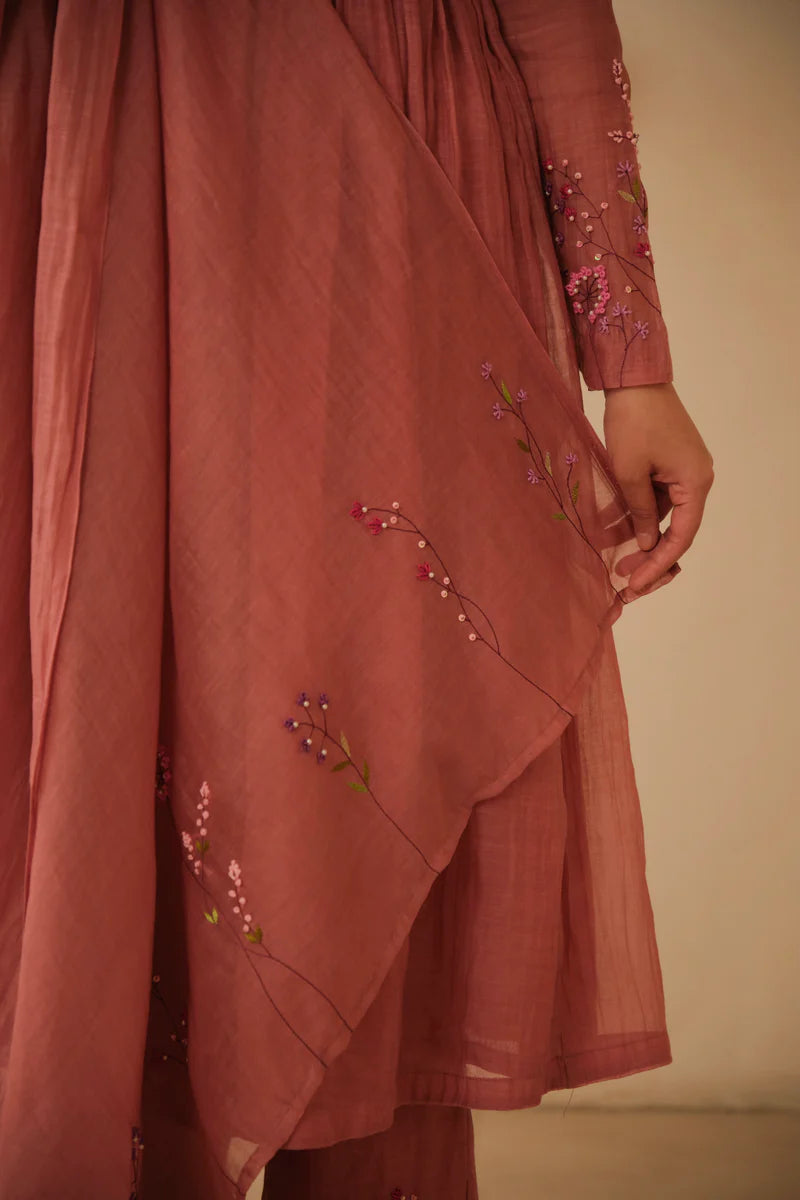 Elegant Dusty Rose Embroidered Anarkali Kurta Set with Dupatta for Women