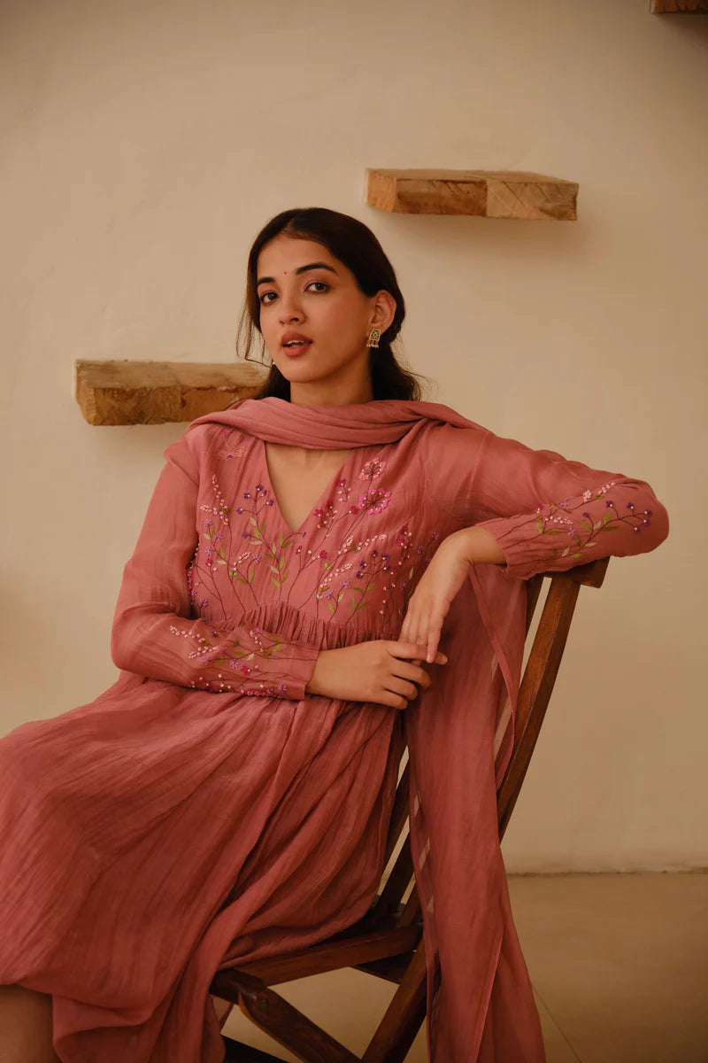 Elegant Dusty Rose Embroidered Anarkali Kurta Set with Dupatta for Women