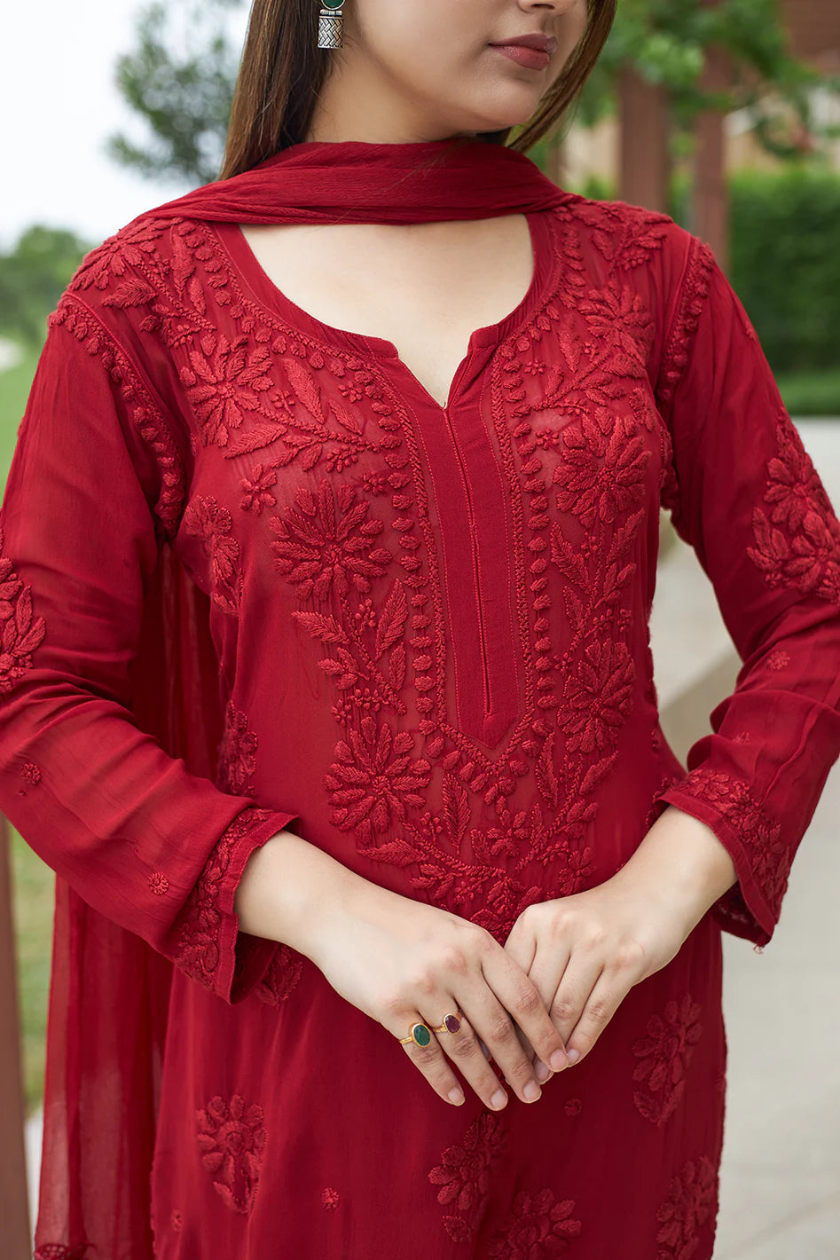 Elegant Red Floral Embroidered Kurta Pant Set with Dupatta