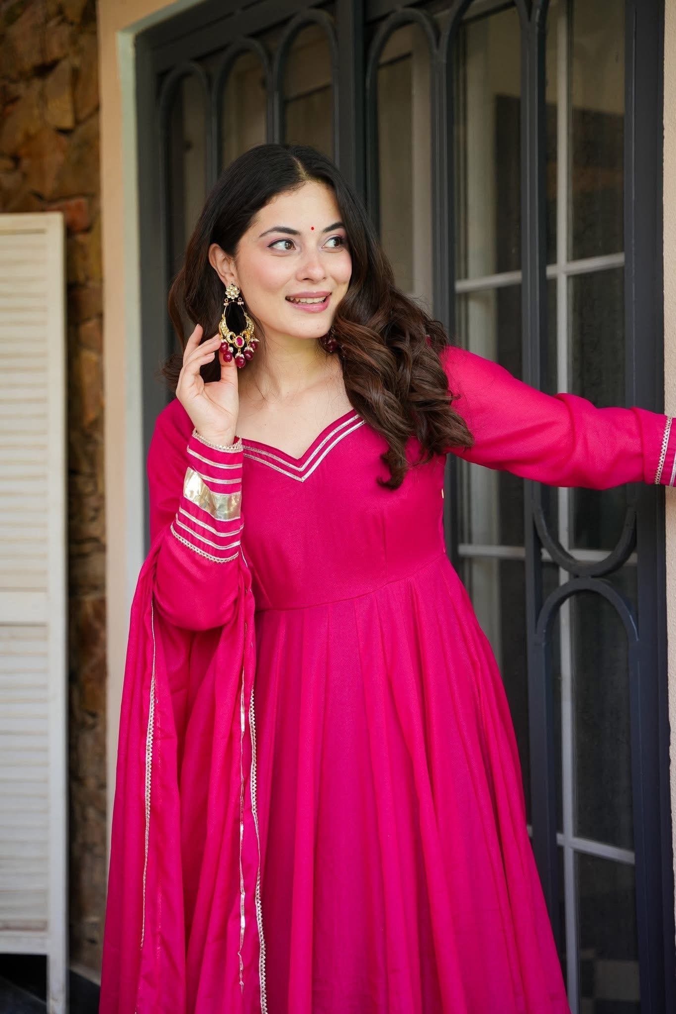 Pink Shimmer Organza Anarkali Palazzo Set | Traditional Gotta Patti Work