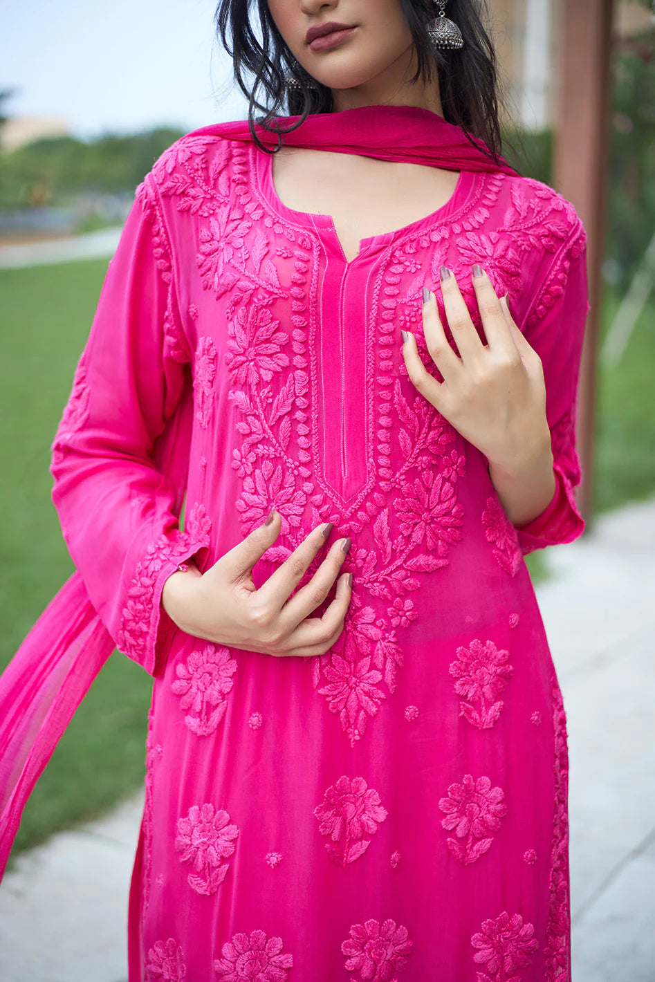 Elegant Pink Floral Embroidered Kurta Pant Set with Dupatta