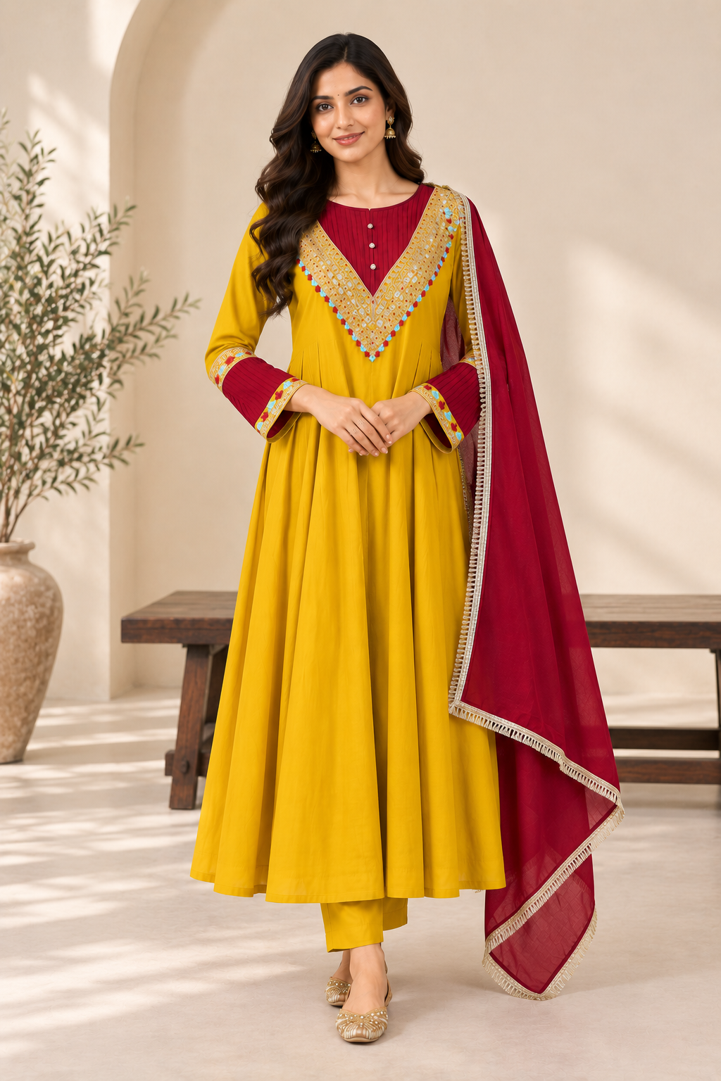 Meher Mustard & Maroon Embroidered Anarkali Set