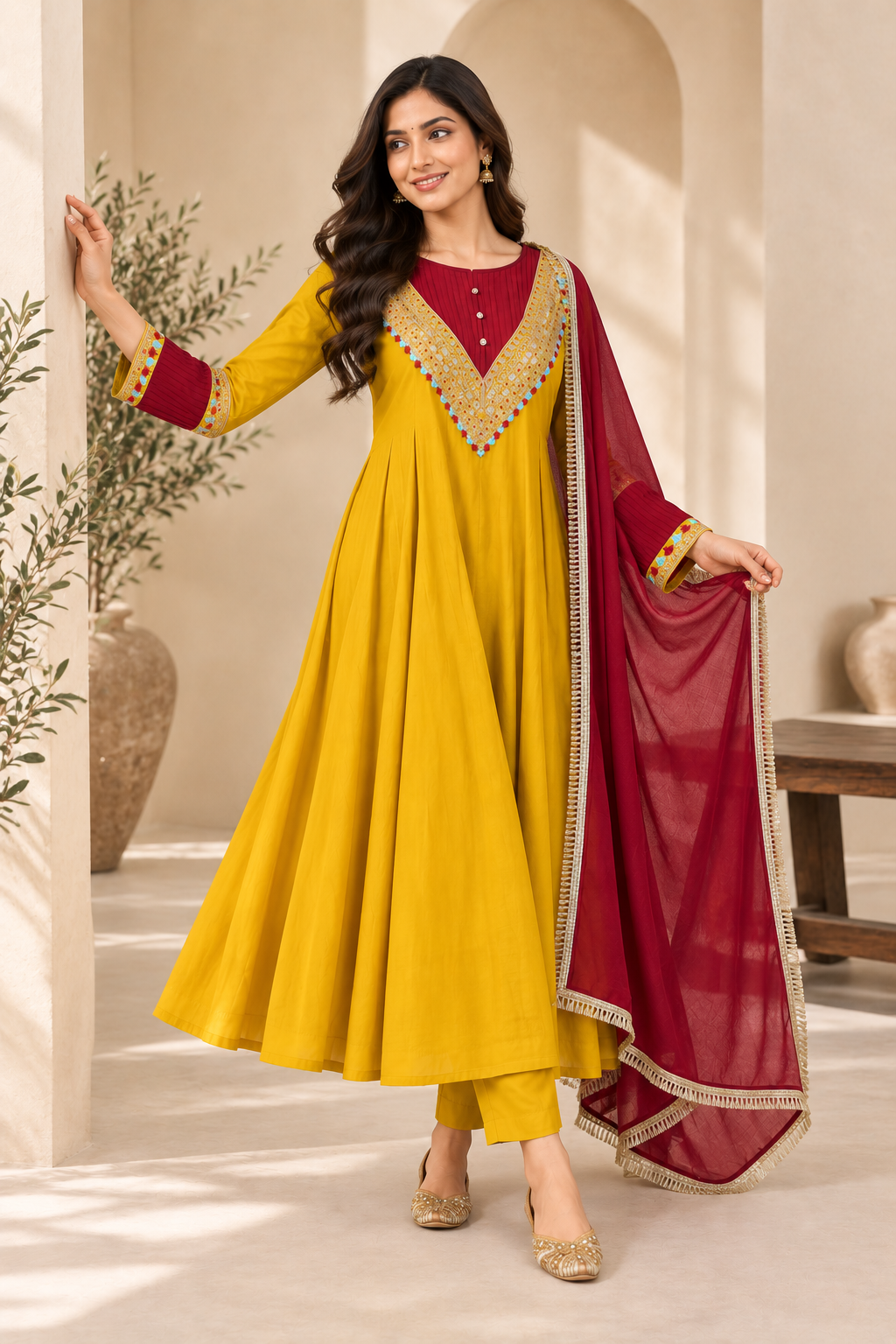 Meher Mustard & Maroon Embroidered Anarkali Set