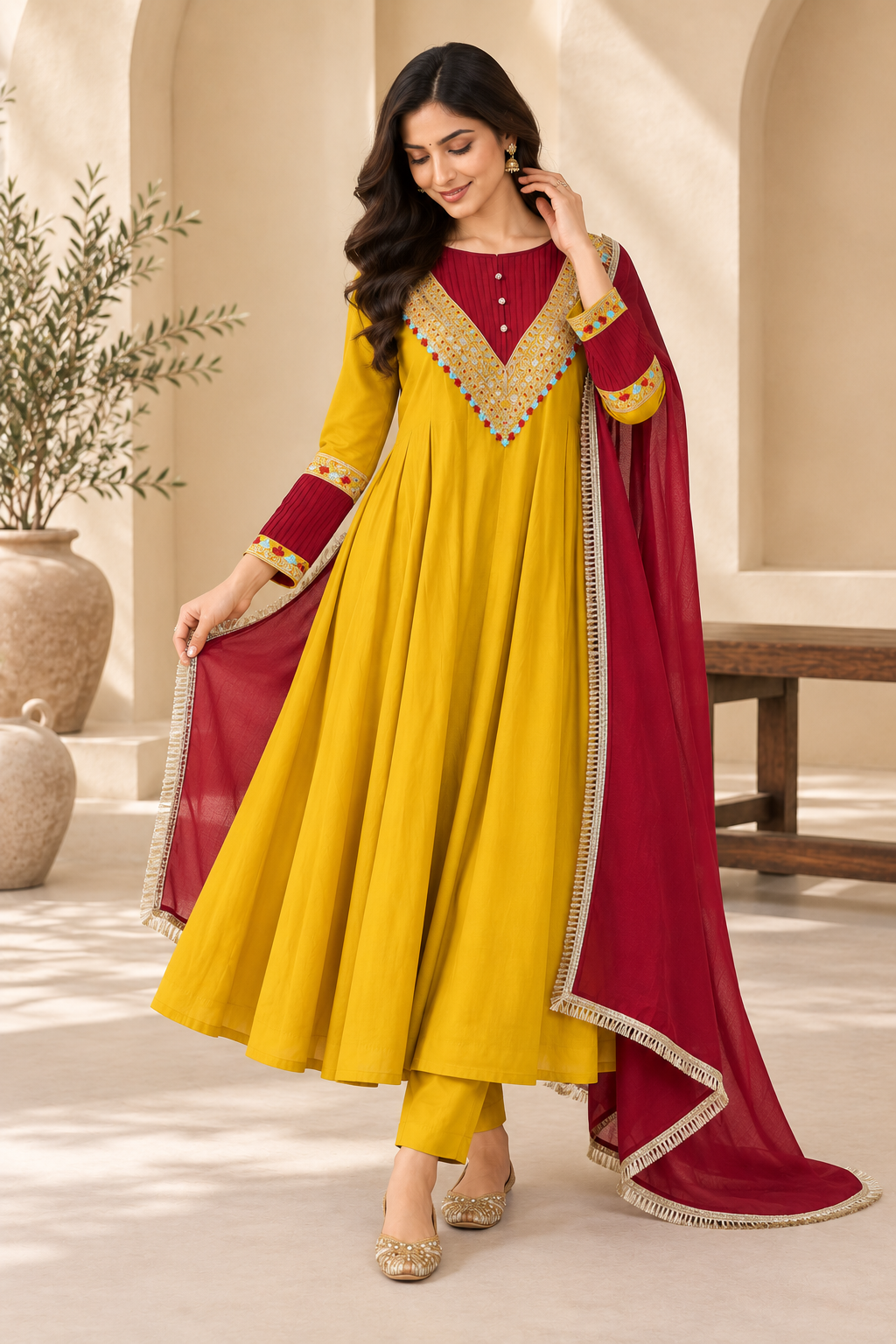 Meher Mustard & Maroon Embroidered Anarkali Set