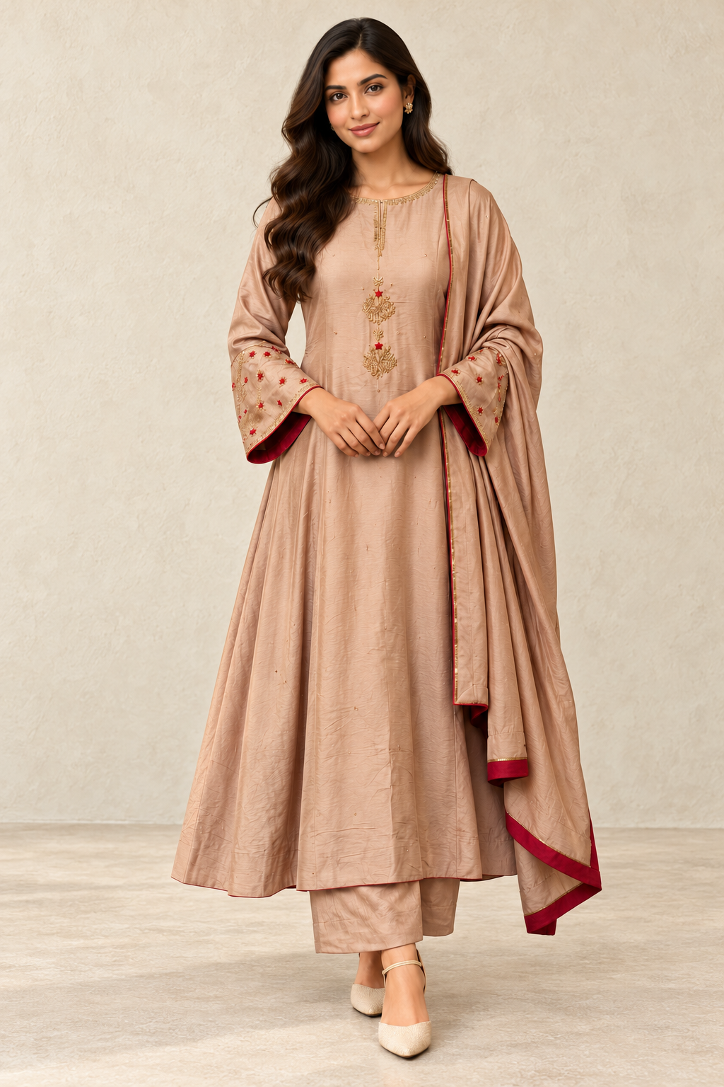 Rose-Beige Embroidered Anarkali Suit Set with Dupatta