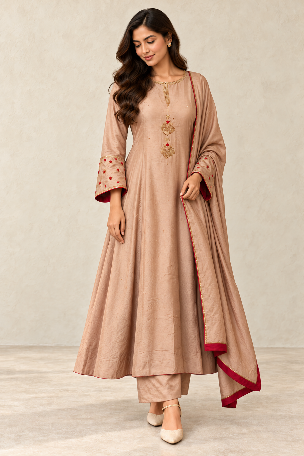 Rose-Beige Embroidered Anarkali Suit Set with Dupatta