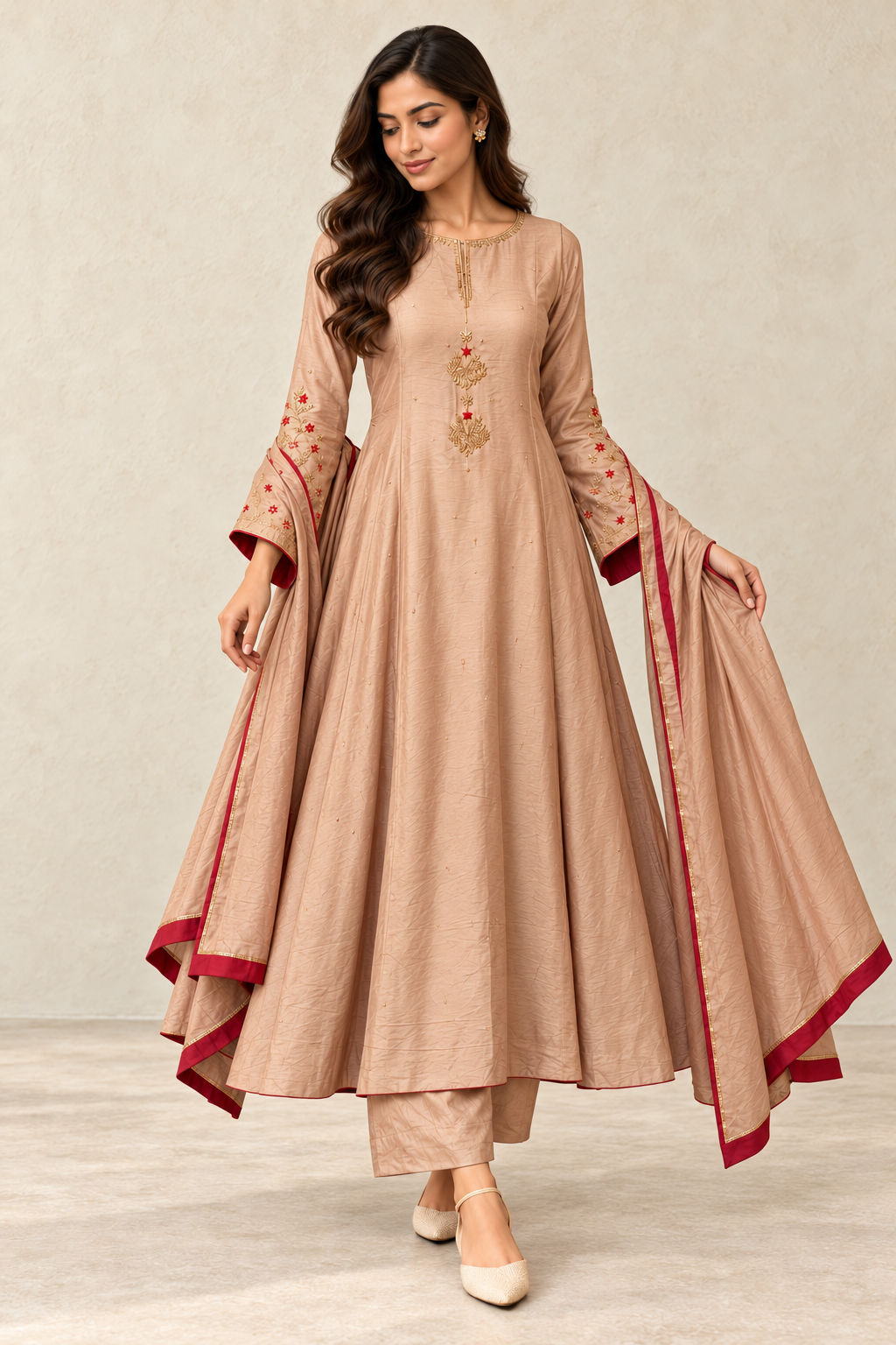 Rose-Beige Embroidered Anarkali Suit Set with Dupatta