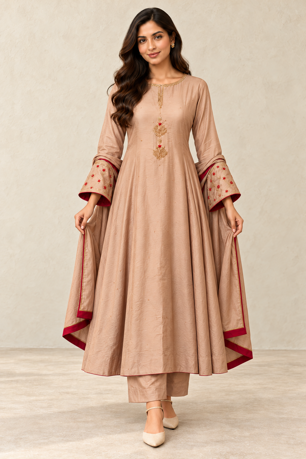 Rose-Beige Embroidered Anarkali Suit Set with Dupatta