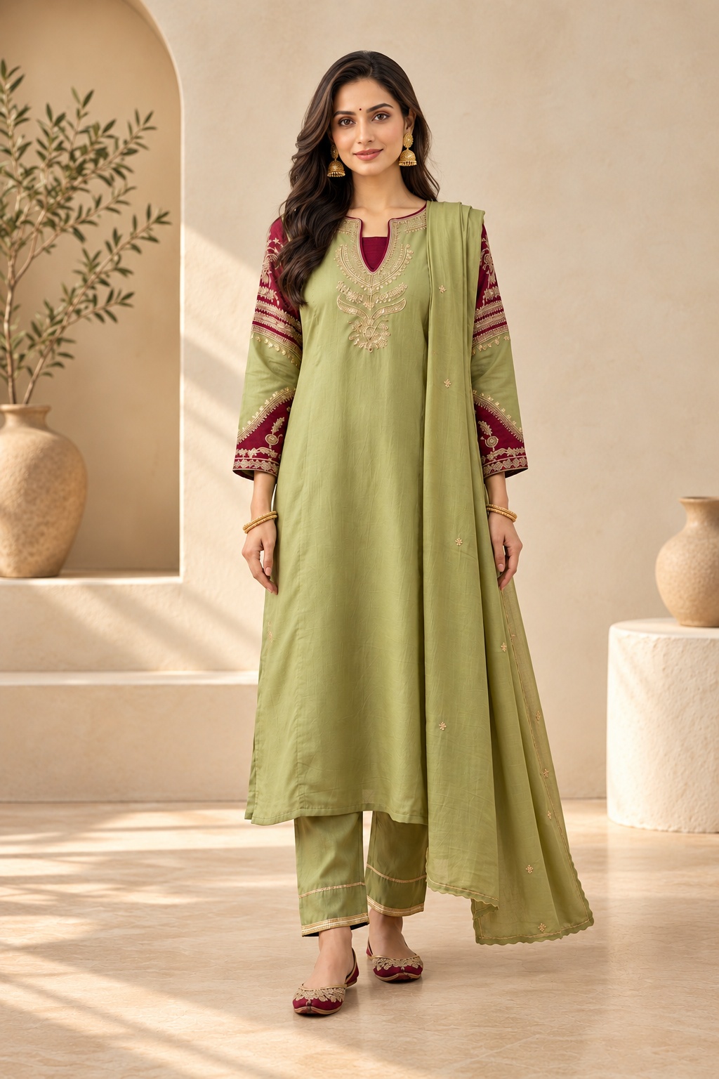 Elegant Sage Green & Maroon Embroidered Kurta Set with Dupatta