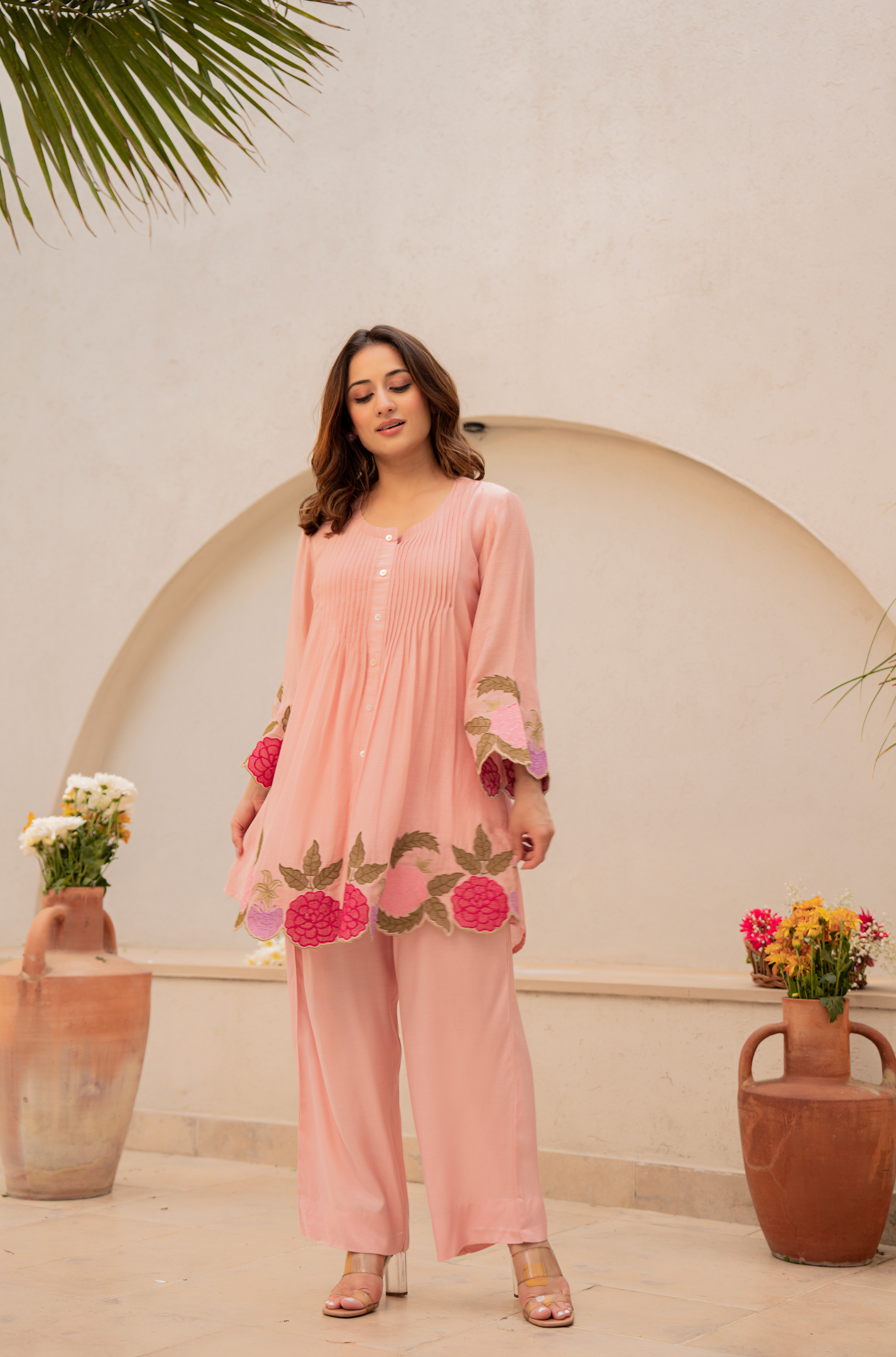 Peach Embroidered Mul Cotton Co-Ord Set