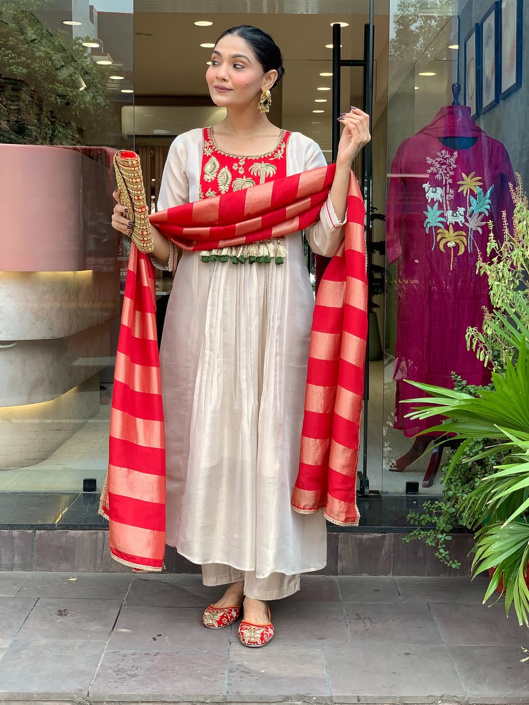 Red & Ivory Embroidered Anarkali Suit Set with Striped Tissue Dupatta