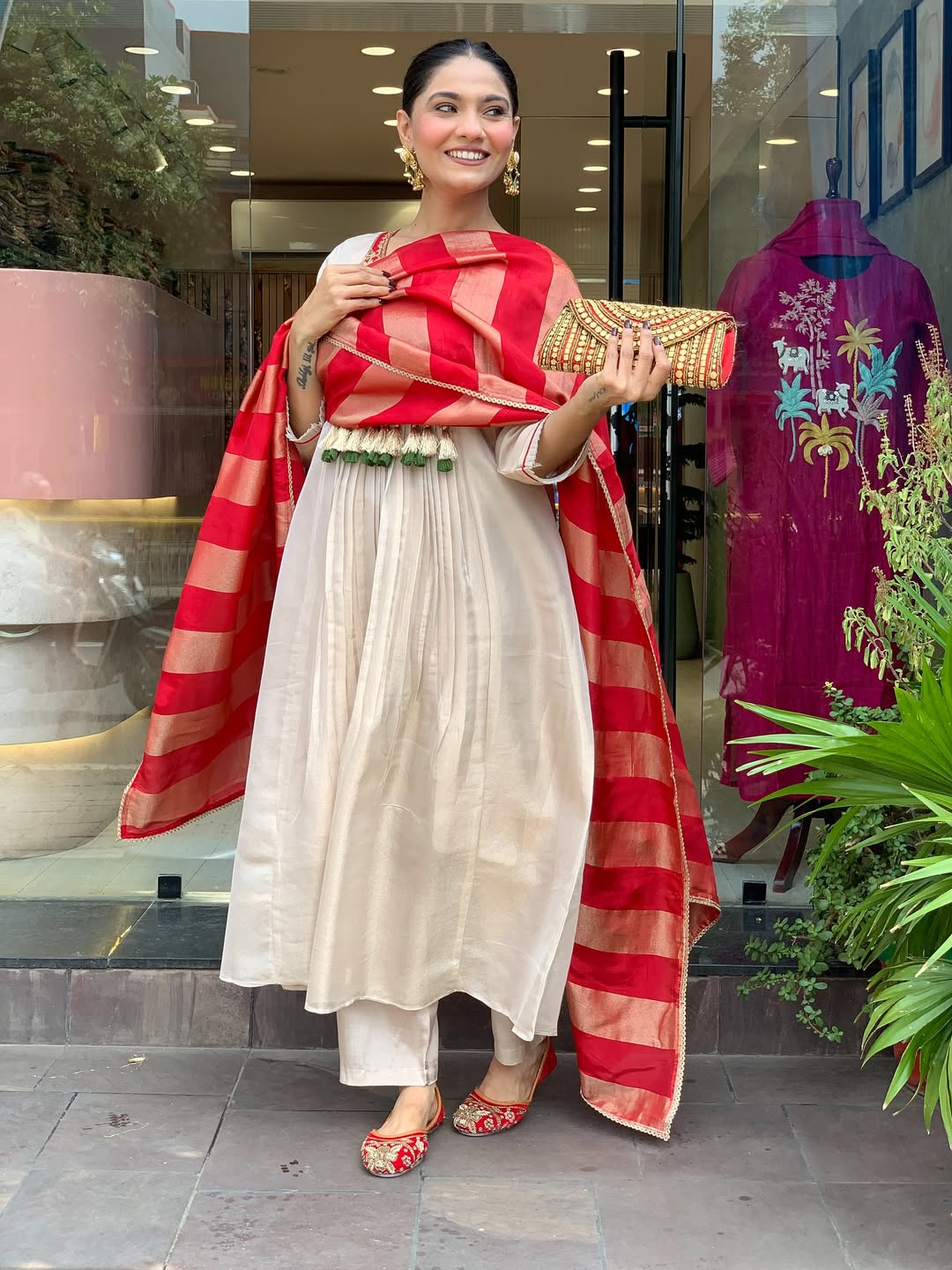 Red & Ivory Embroidered Anarkali Suit Set with Striped Tissue Dupatta