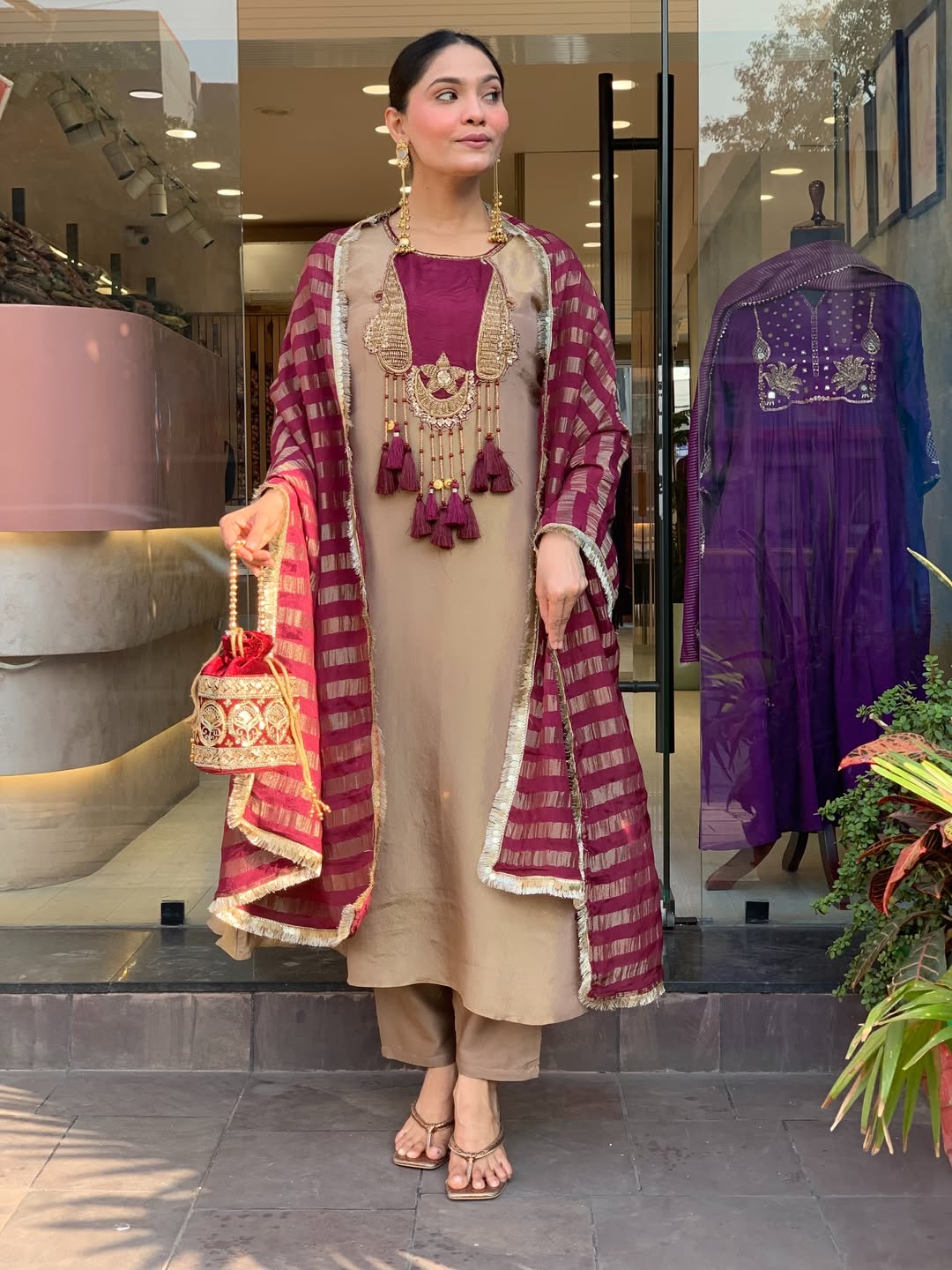 Elegant Beige & Wine Embroidered Kurta Pant Set with Striped Dupatta for Women