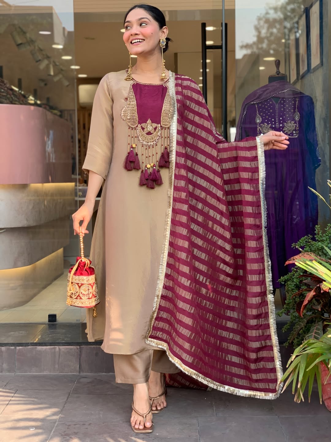 Elegant Beige & Wine Embroidered Kurta Pant Set with Striped Dupatta for Women