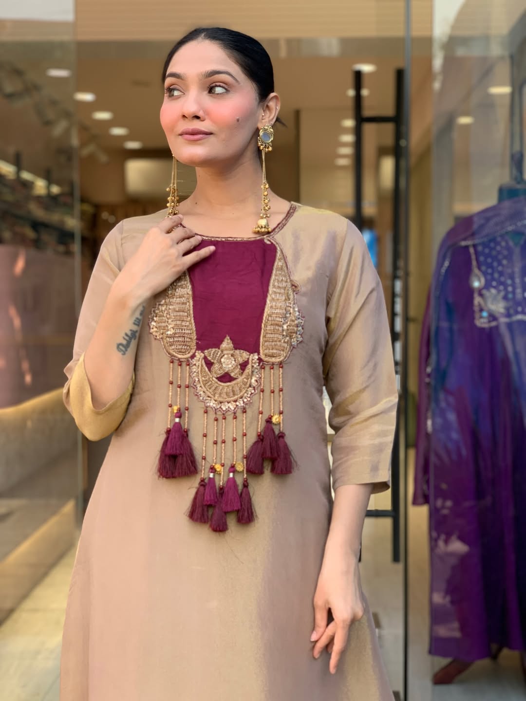 Elegant Beige & Wine Embroidered Kurta Pant Set with Striped Dupatta for Women