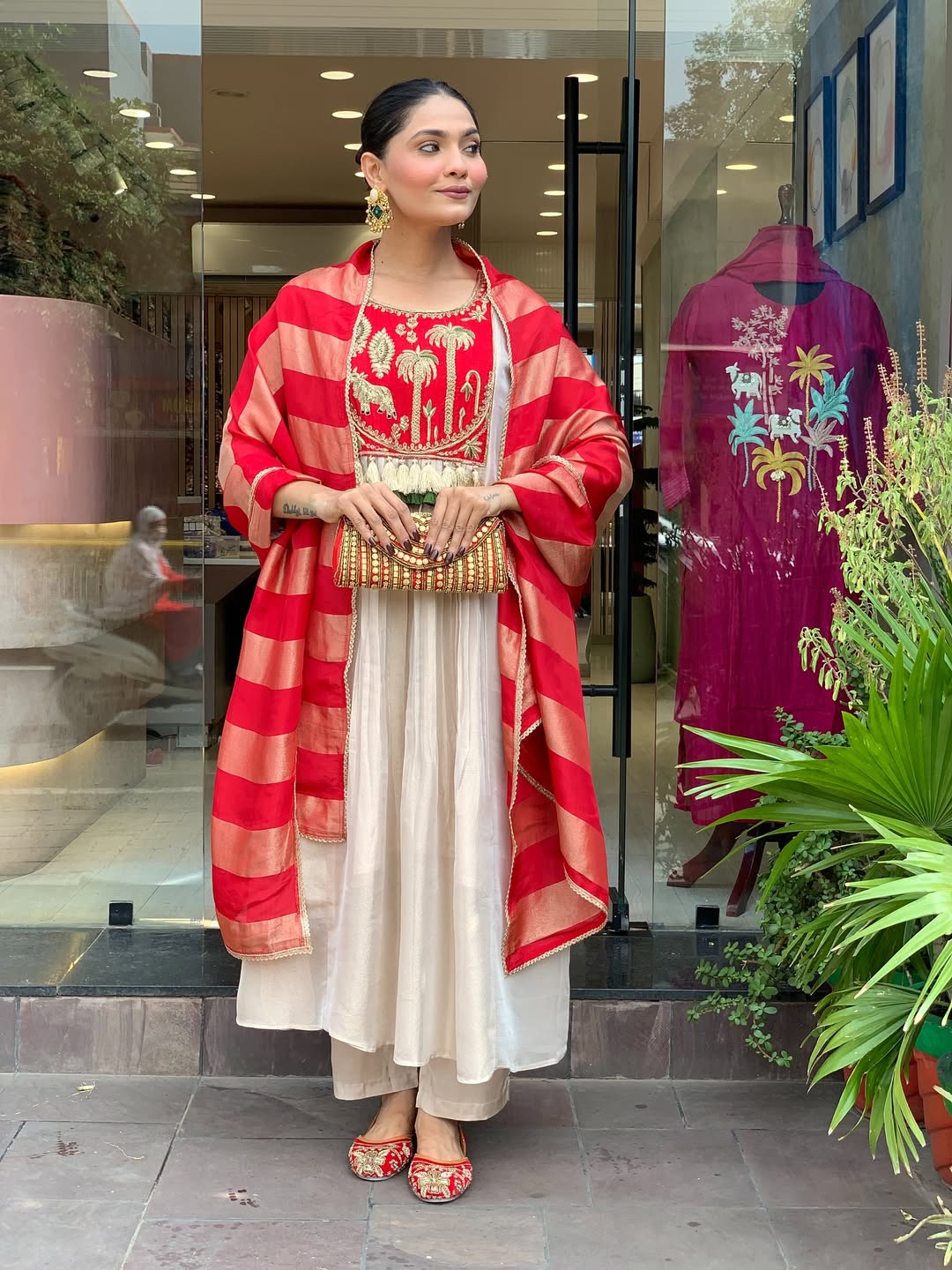 Red & Ivory Embroidered Anarkali Suit Set with Striped Tissue Dupatta