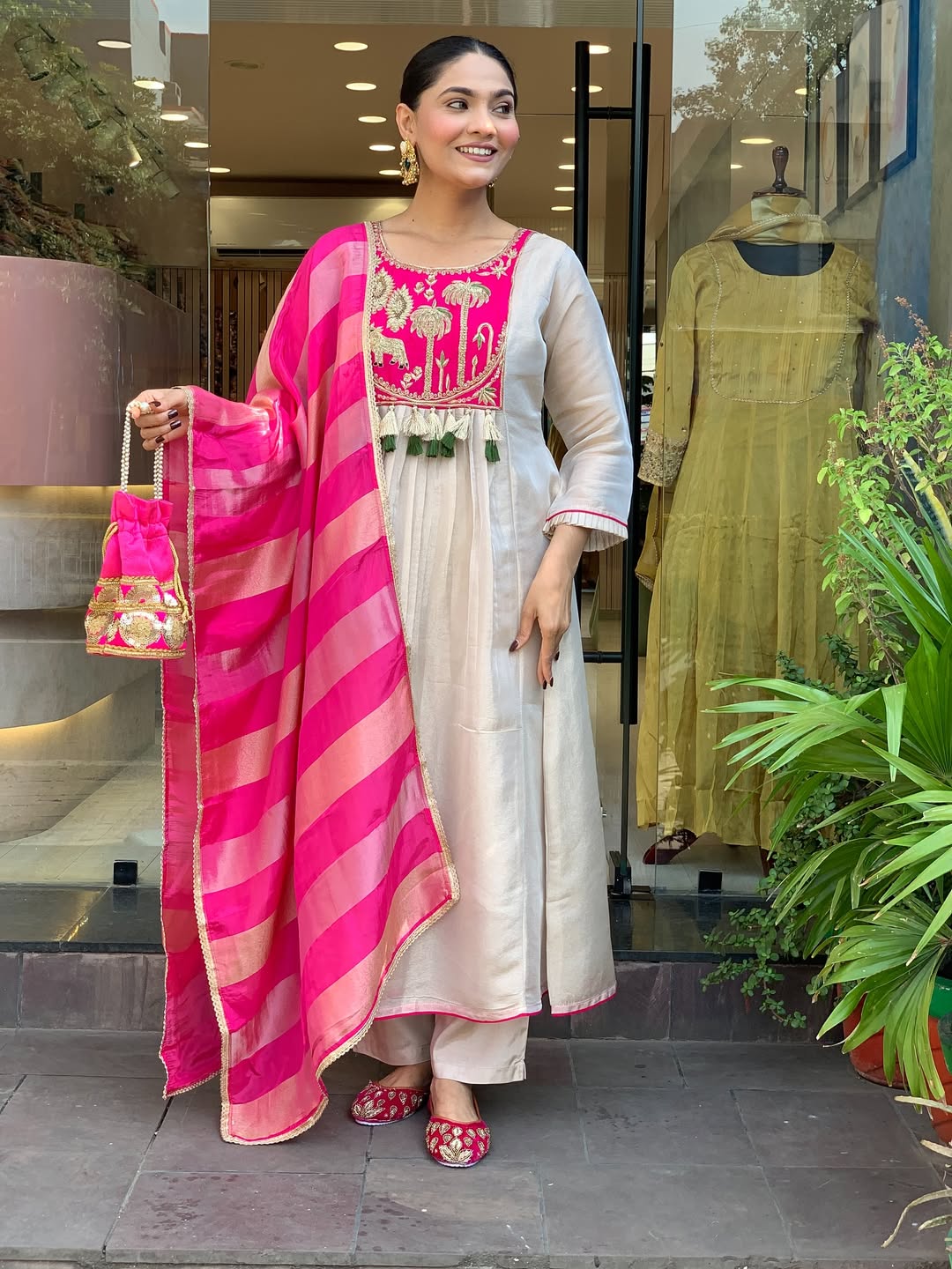 Pink & Ivory Embroidered Anarkali Suit Set with Striped Tissue Dupatta