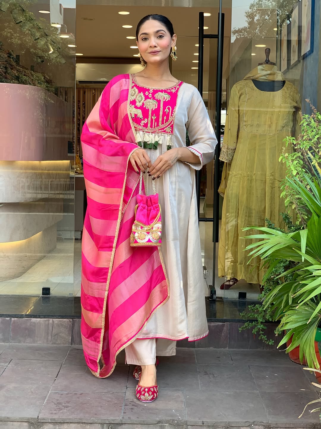 Pink & Ivory Embroidered Anarkali Suit Set with Striped Tissue Dupatta