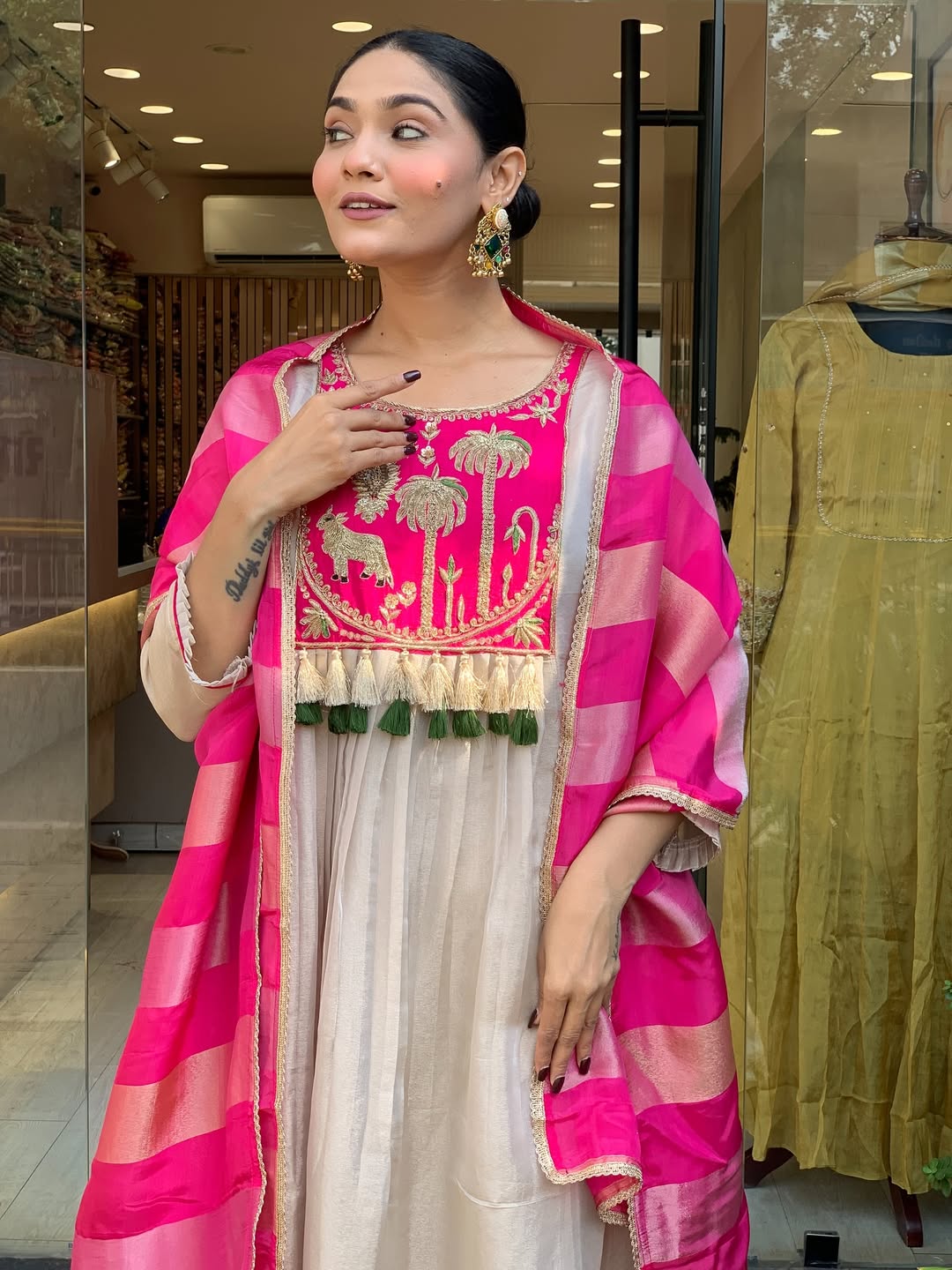 Pink & Ivory Embroidered Anarkali Suit Set with Striped Tissue Dupatta