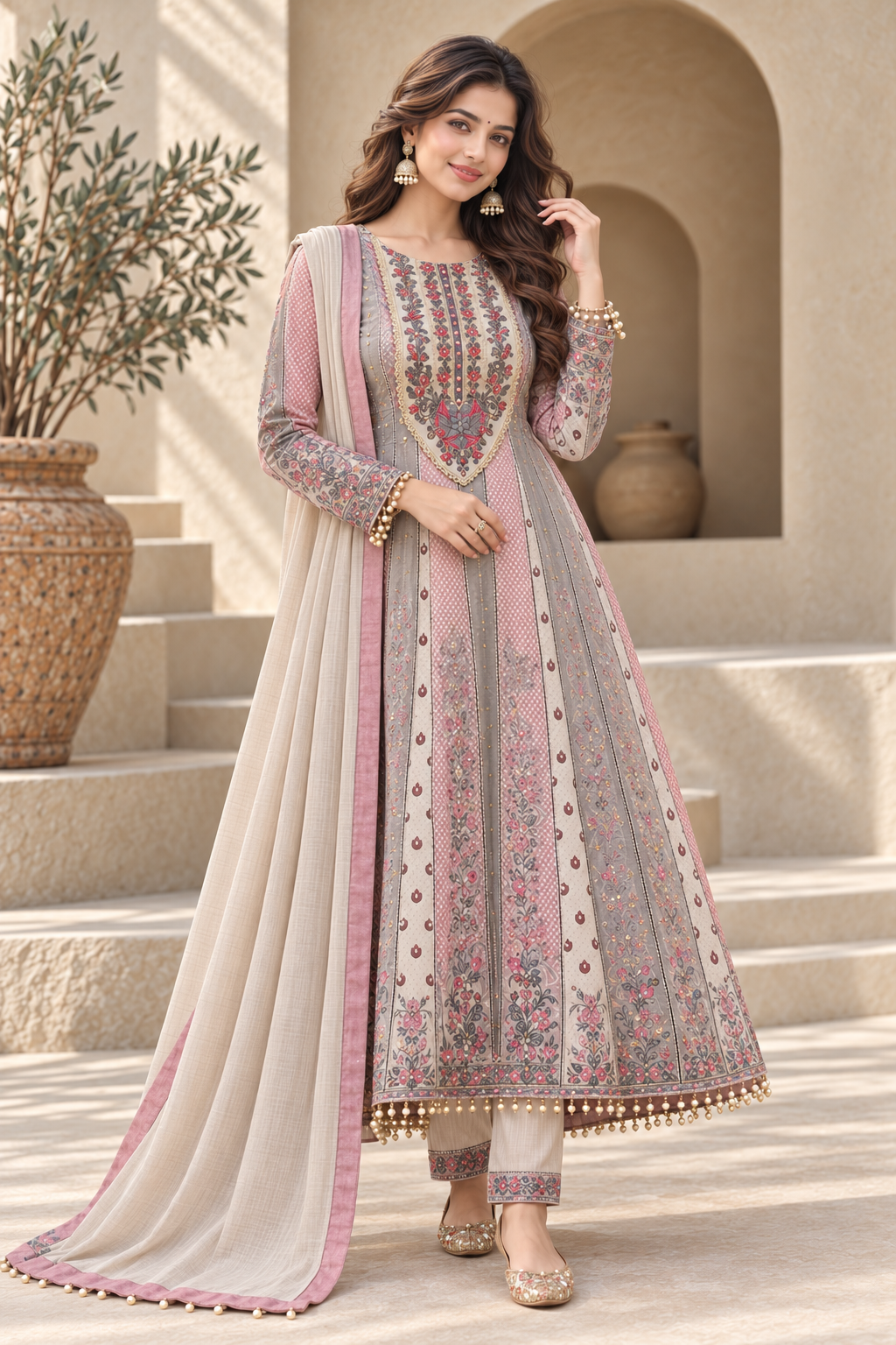 Elegant Grey and Pink Embroidered Anarkali Suit with Dupatta