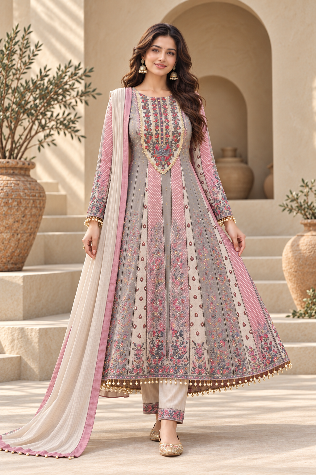 Elegant Grey and Pink Embroidered Anarkali Suit with Dupatta