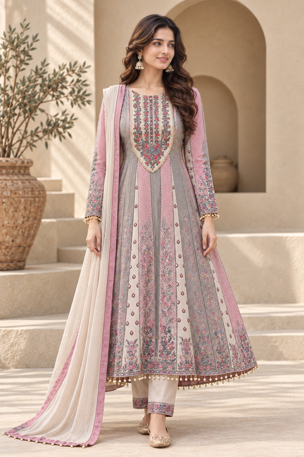 Elegant Grey and Pink Embroidered Anarkali Suit with Dupatta