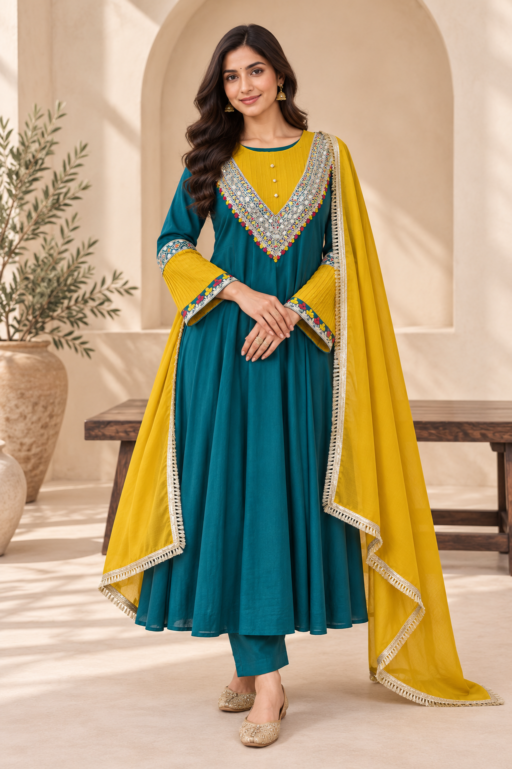 Meher Teal & Yellow Embroidered Anarkali Set