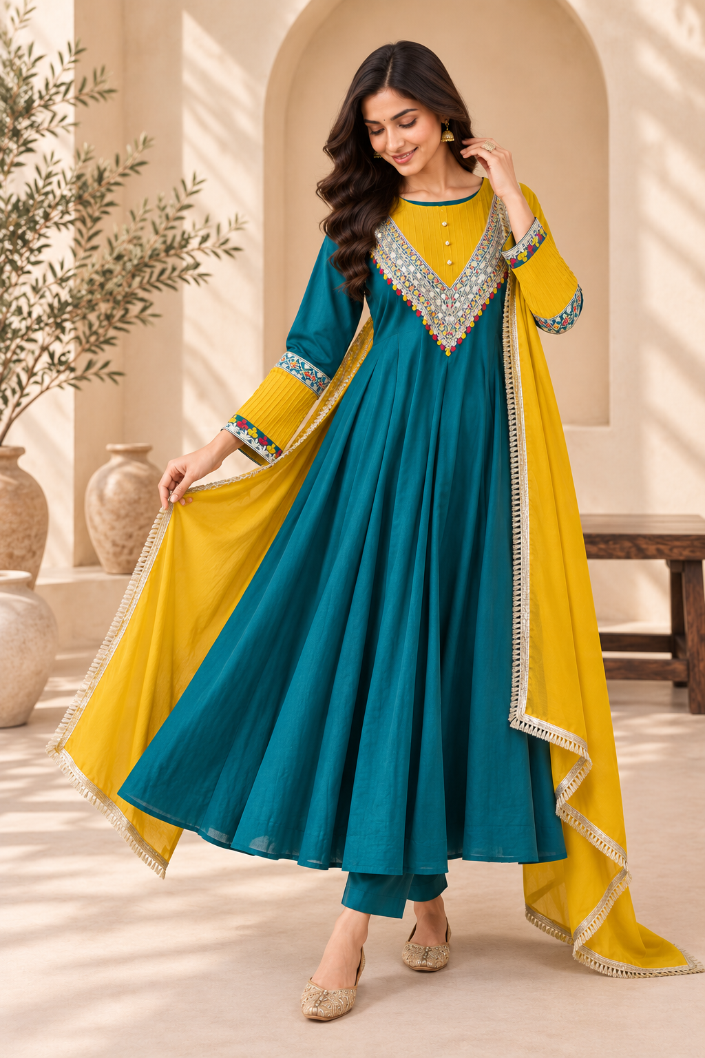 Meher Teal & Yellow Embroidered Anarkali Set