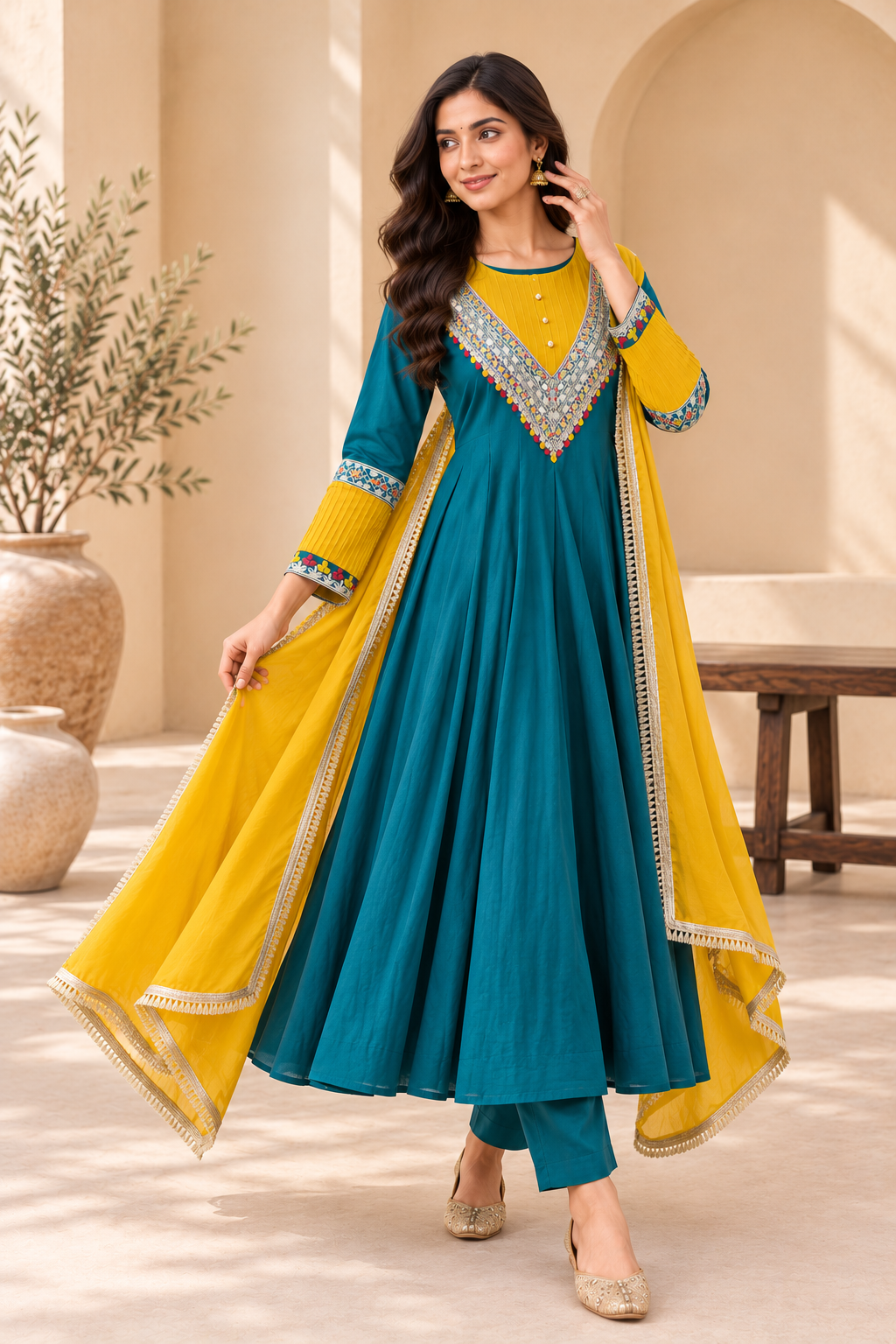 Meher Teal & Yellow Embroidered Anarkali Set