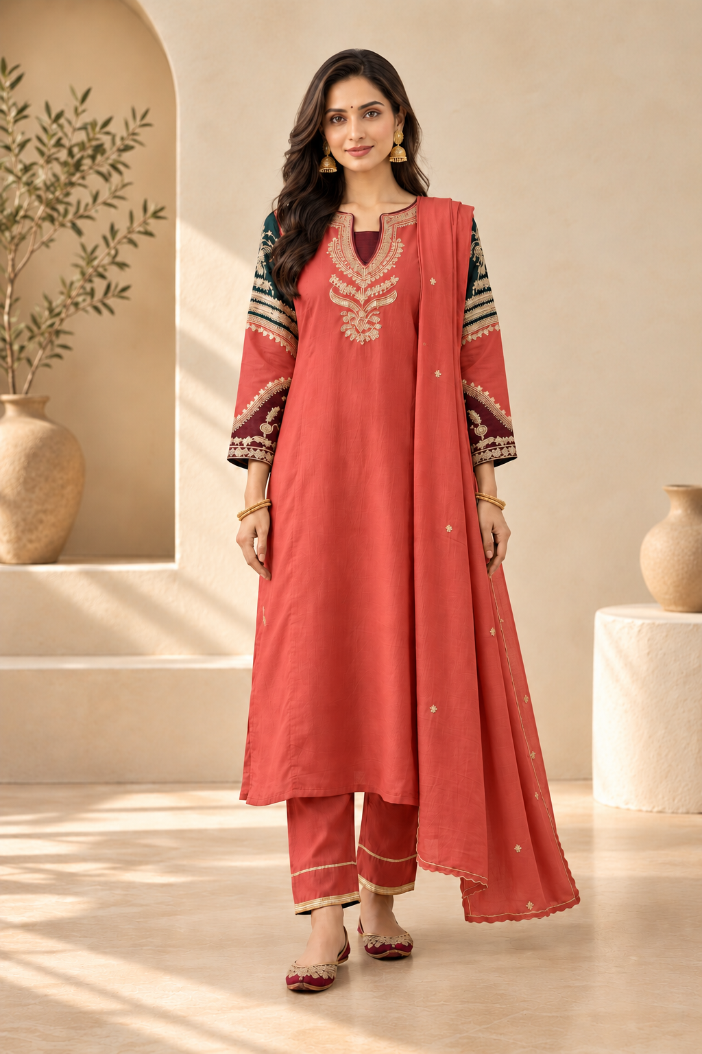 Elegant Orange & Green Embroidered Kurta Set with Dupatta