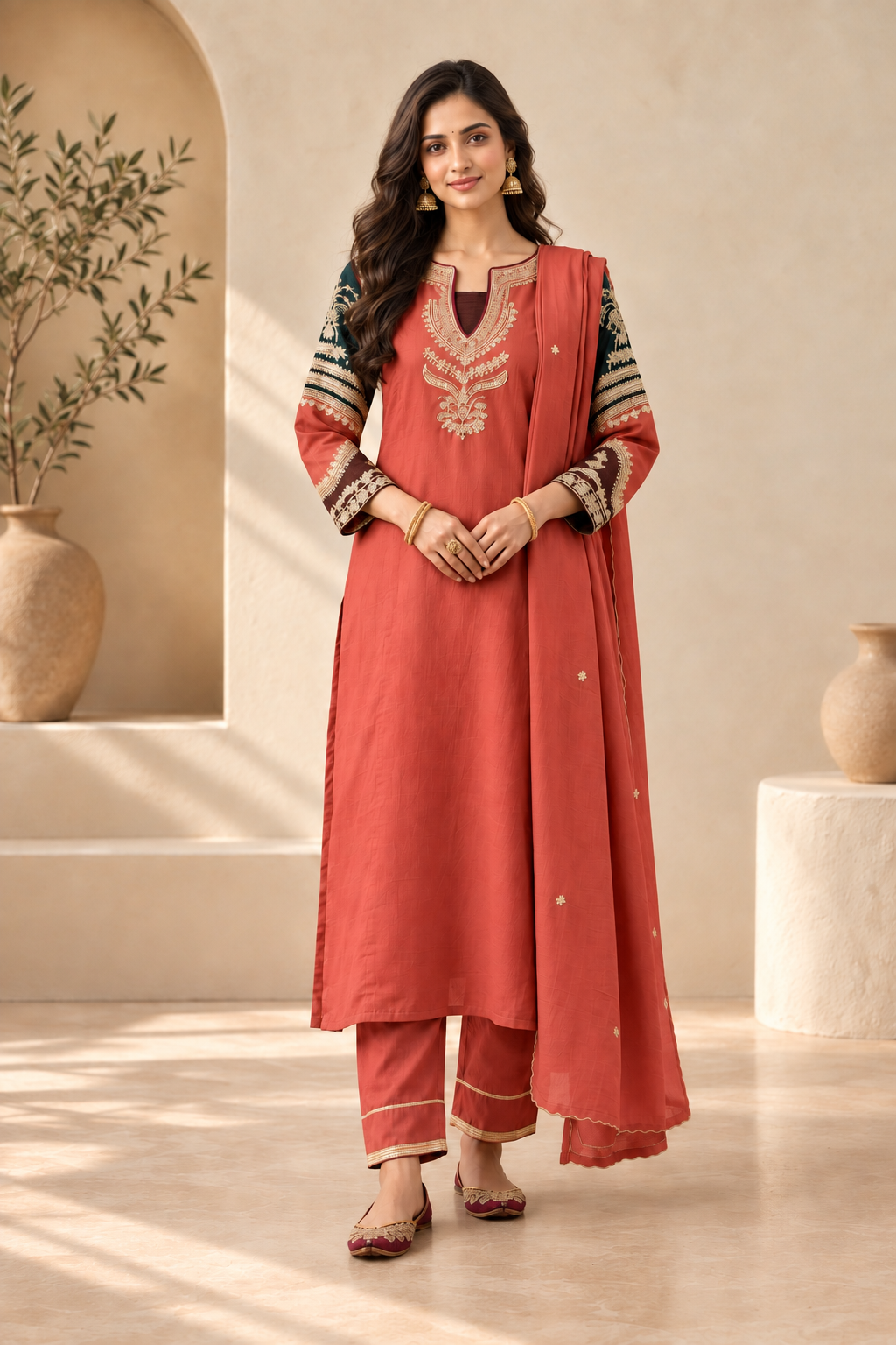 Elegant Orange & Green Embroidered Kurta Set with Dupatta