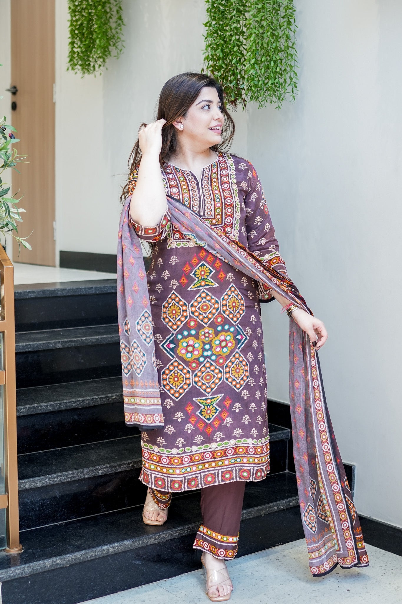Chic Brown Ethnic Printed Kurta Set with Dupatta