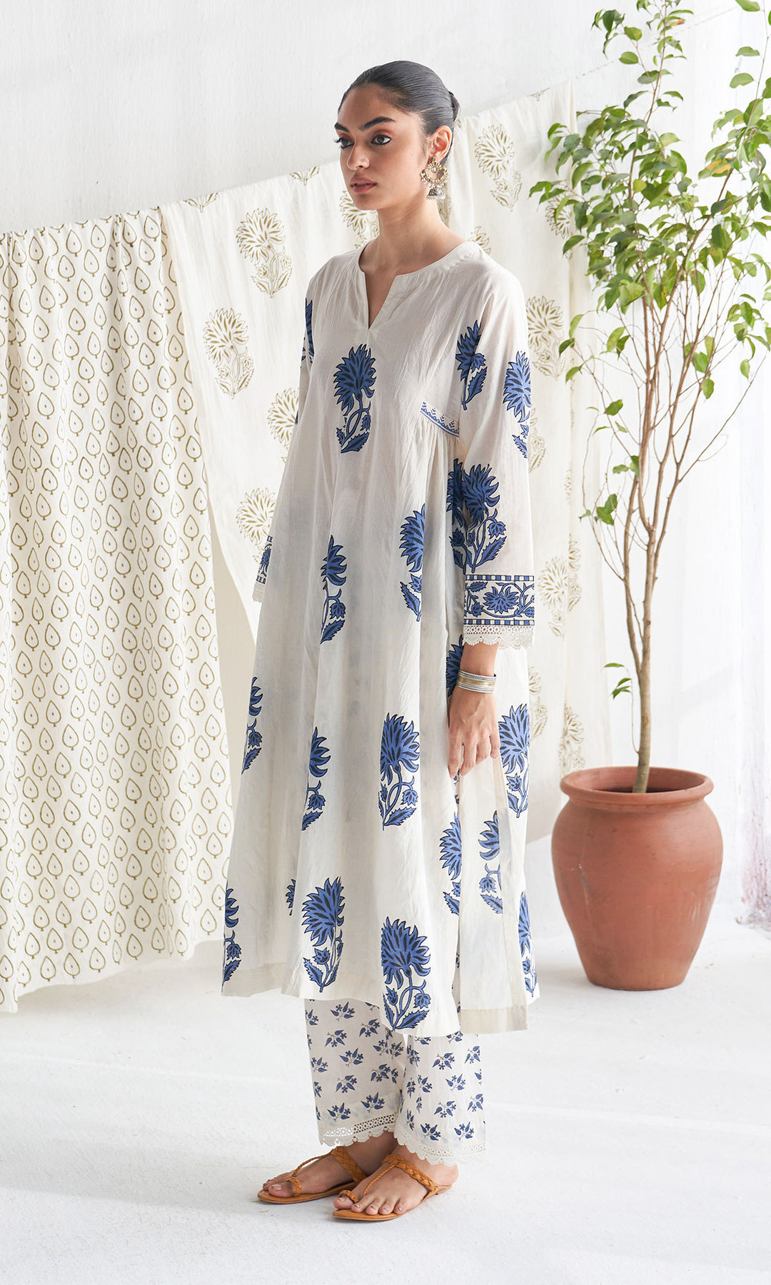 Blue Block Printed Side gather kurta with palazzo and printed dupatta