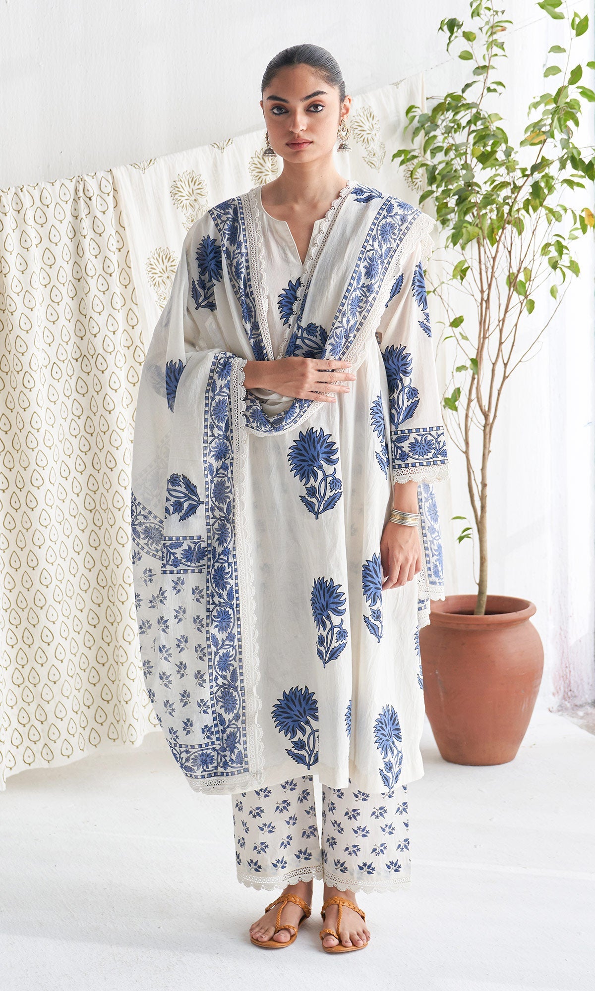 Blue Block Printed Side gather kurta with palazzo and printed dupatta