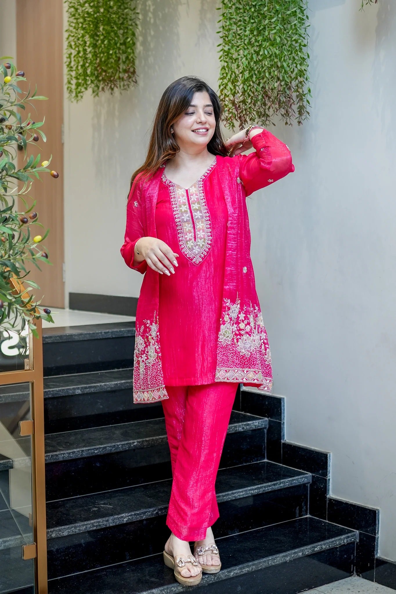 Rani Pink Embroidered Festive Co-Ord Set
