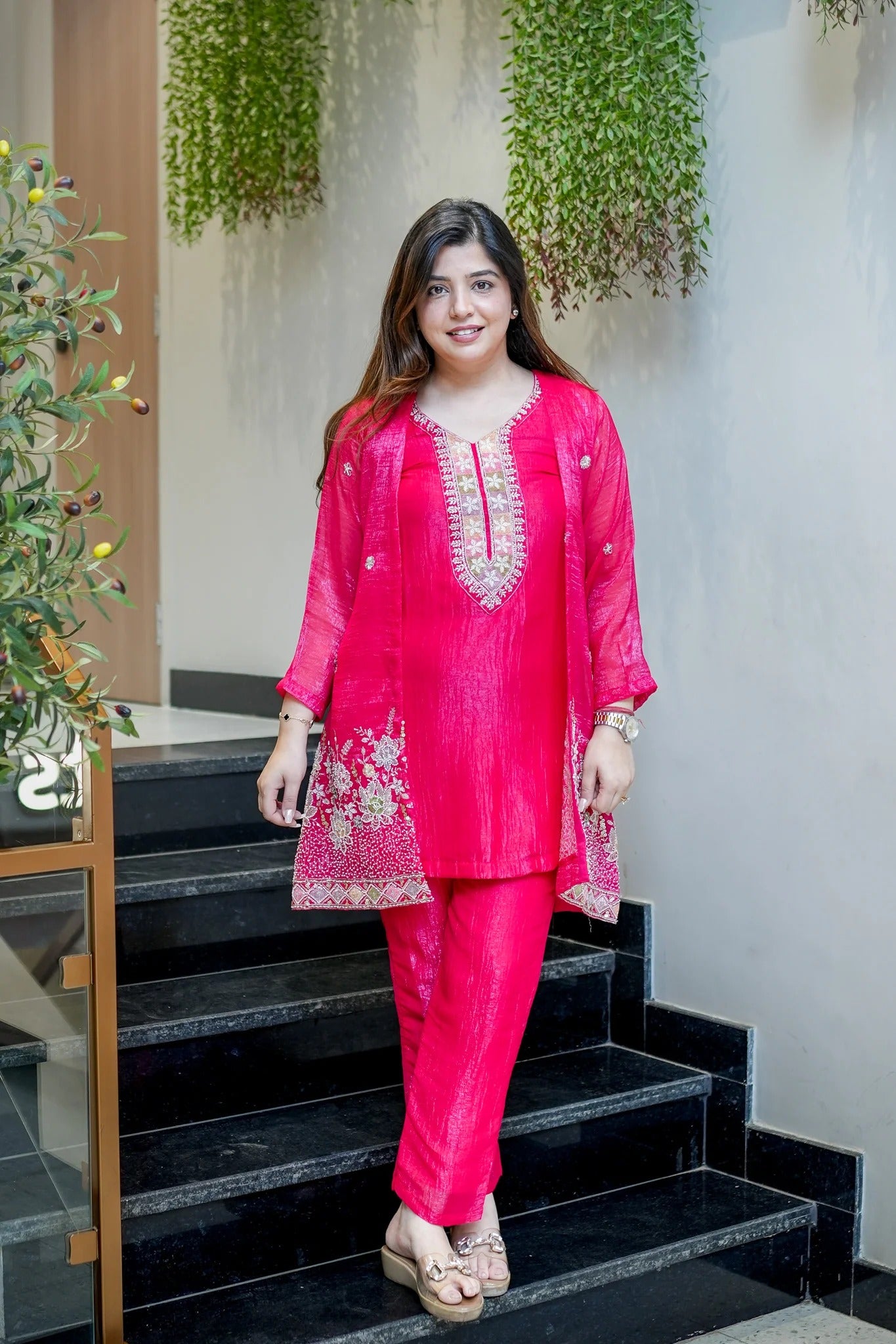 Rani Pink Embroidered Festive Co-Ord Set